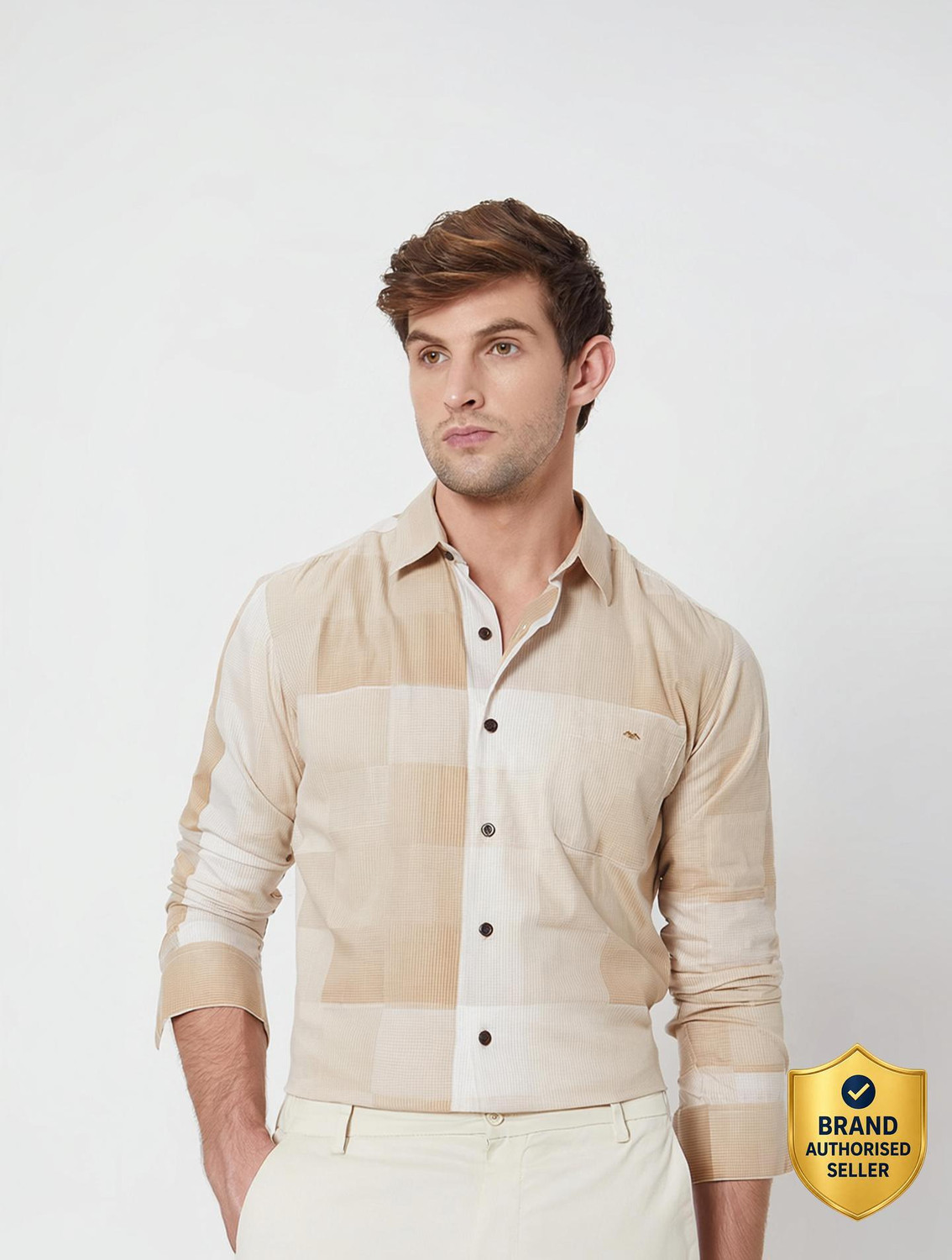 Image of MUFTI Men Checkered Casual White, Beige Shirt