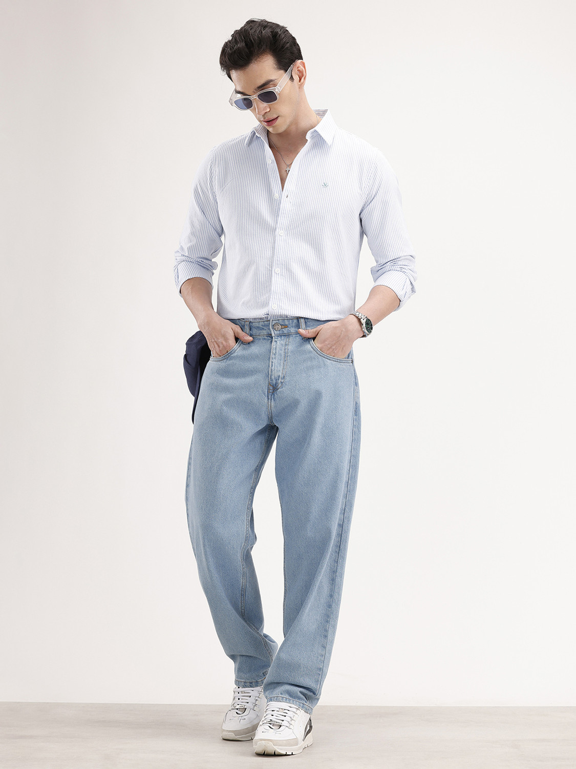 Image of WROGN Men Striped Casual Blue Shirt