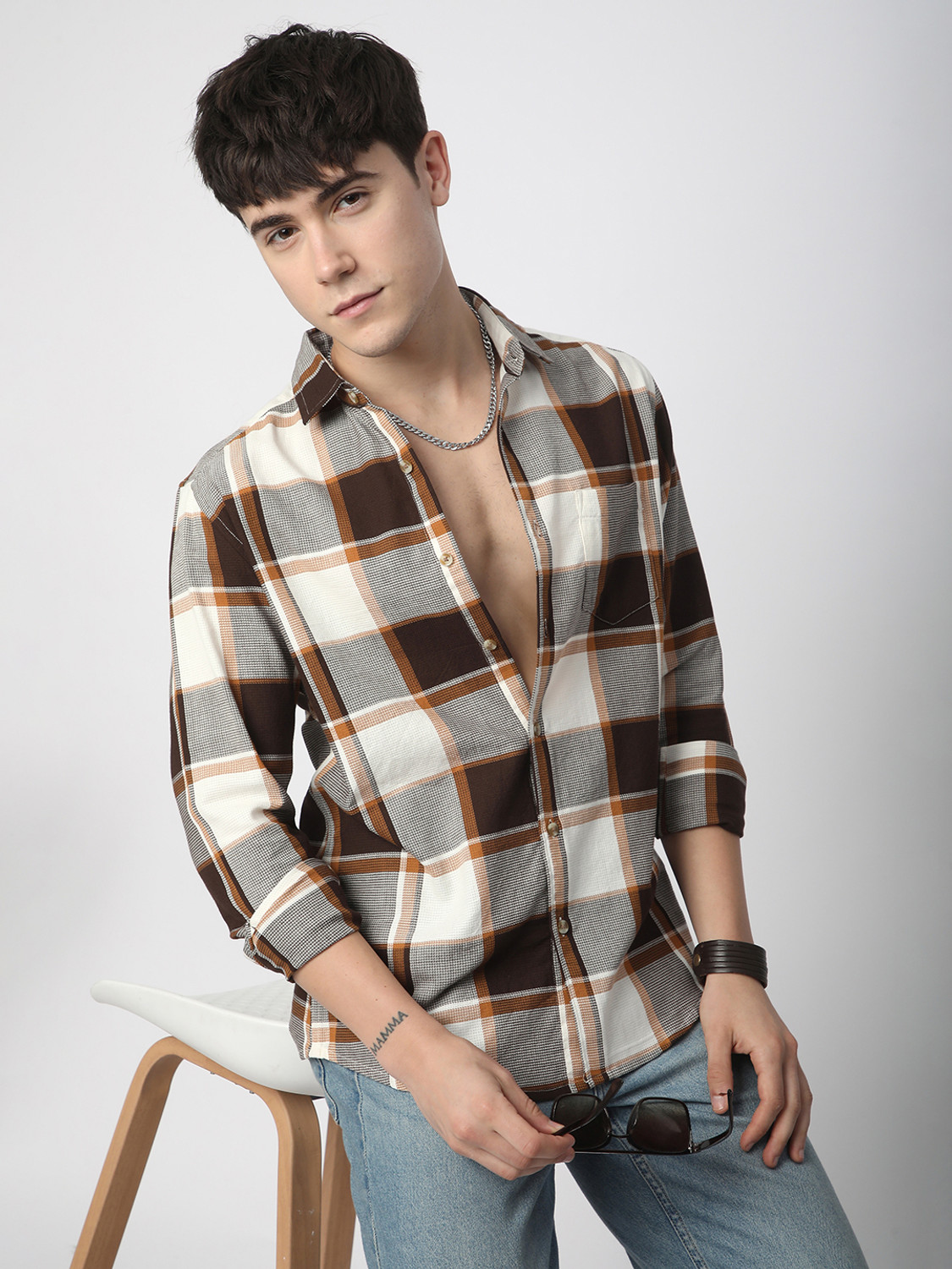 VASTRADO Men Checkered Casual Brown Shirt