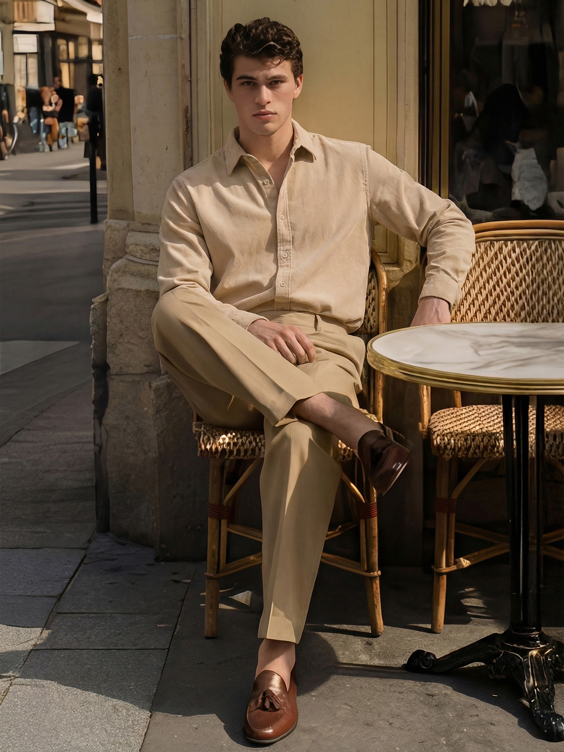 Image of LOCOMOTIVE Men Self Design Casual Beige Shirt