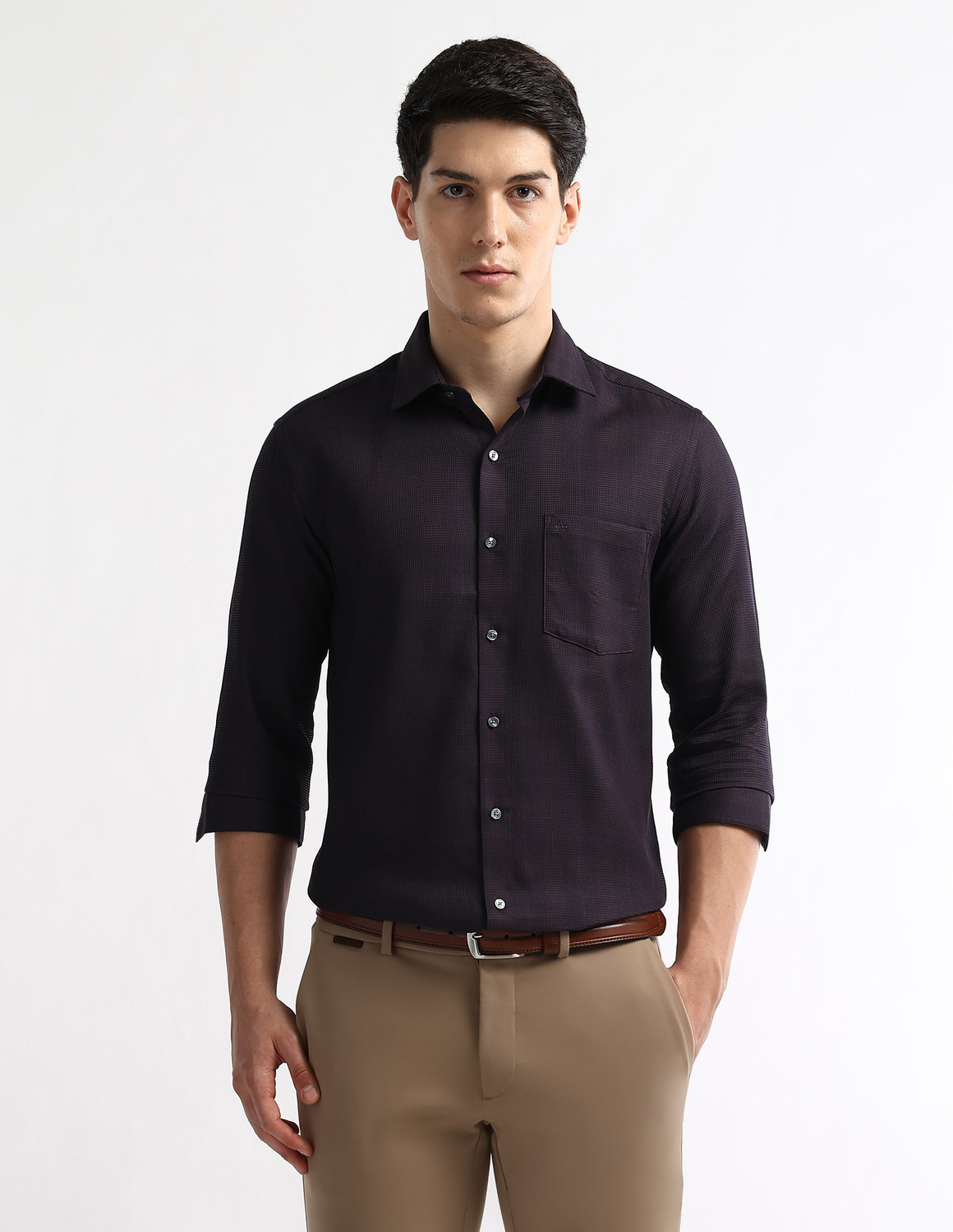 Image of ARROW Men Self Design Formal Purple Shirt