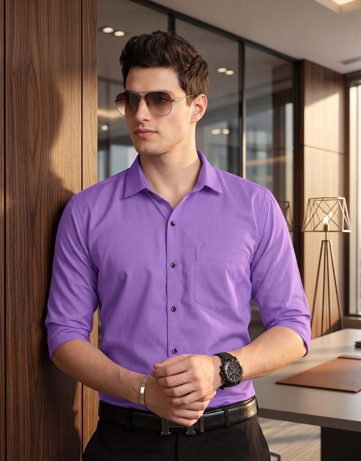 Image of FIBERMILL Men Solid Formal Purple Shirt