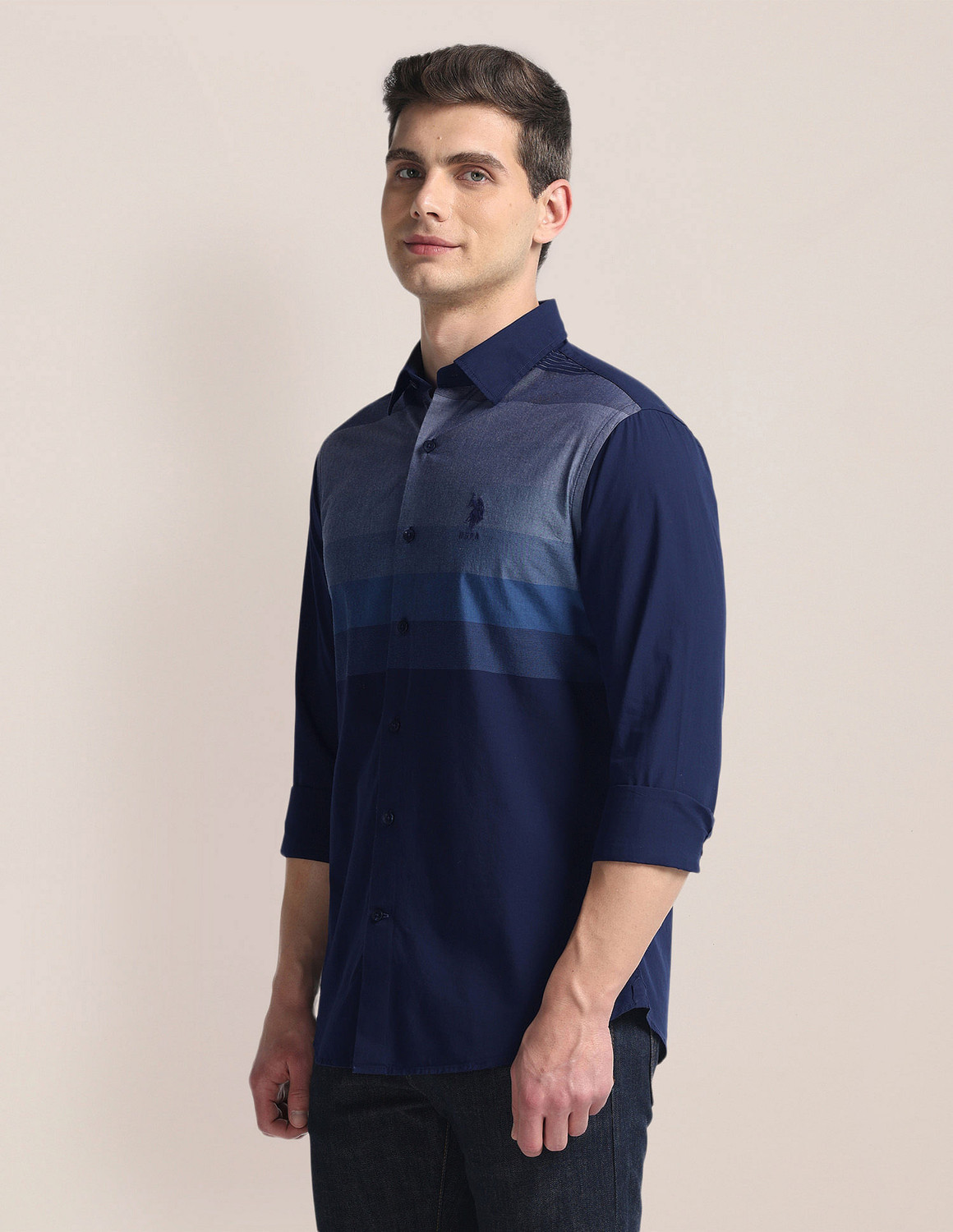 Image of U.S. POLO ASSN. Men Color Block Casual Blue Shirt