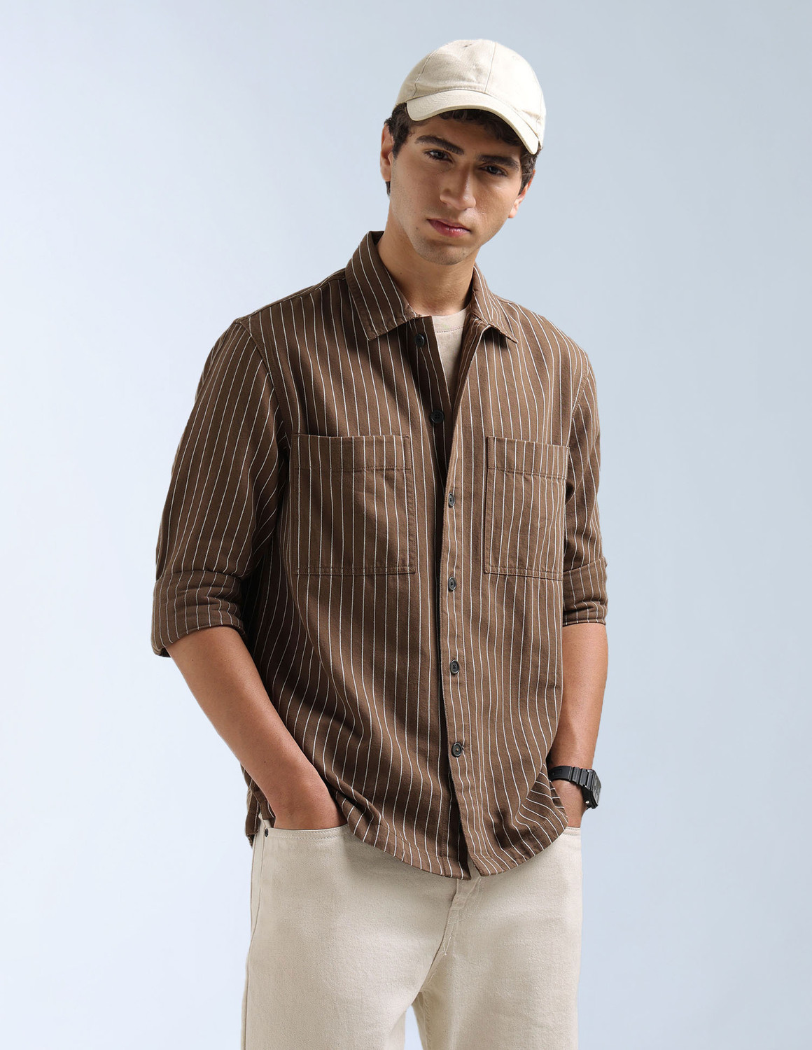 Image of FLYING MACHINE Men Striped Casual Brown Shirt