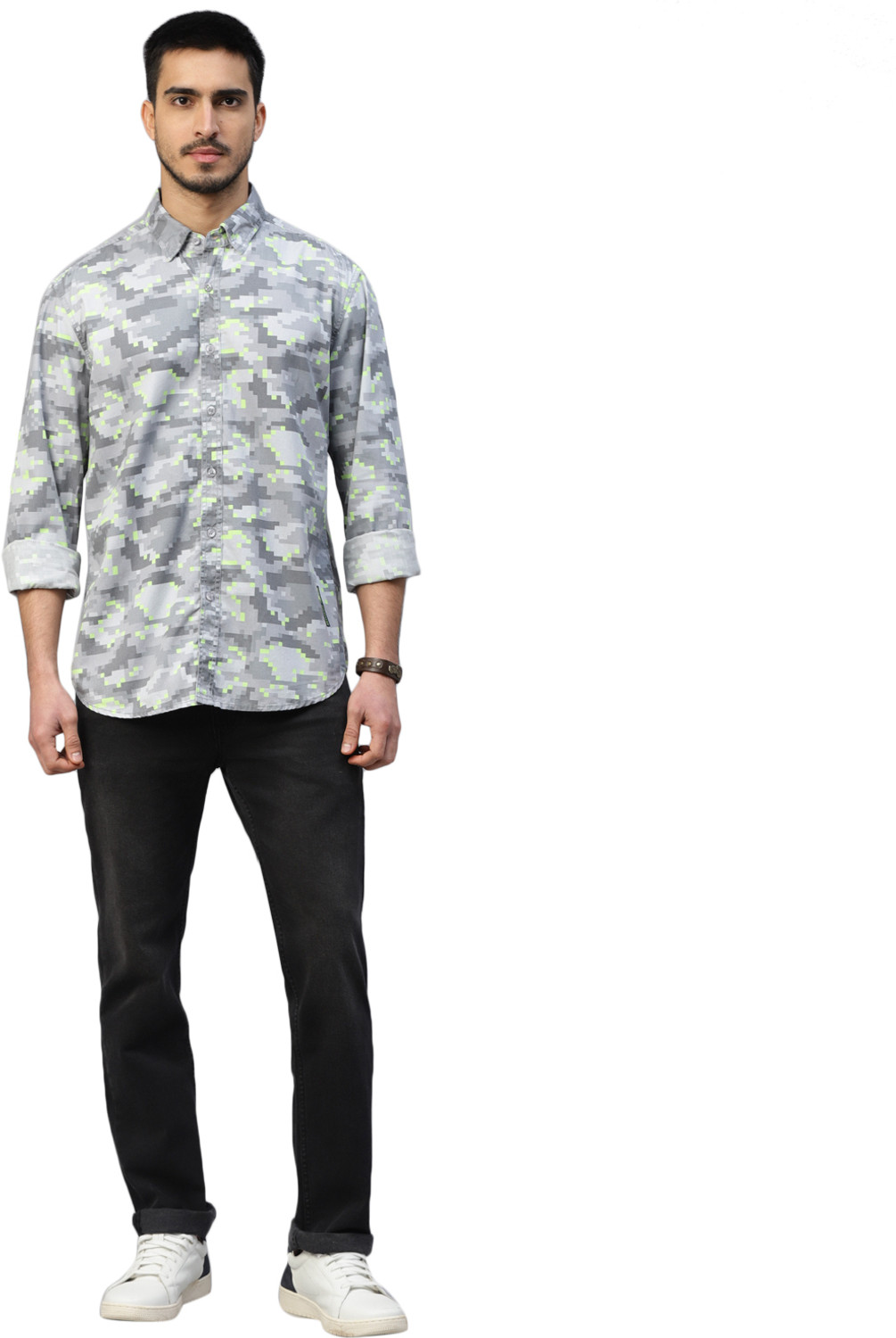 Image of Royal Enfield Men Printed Casual Grey, Light Green Shirt