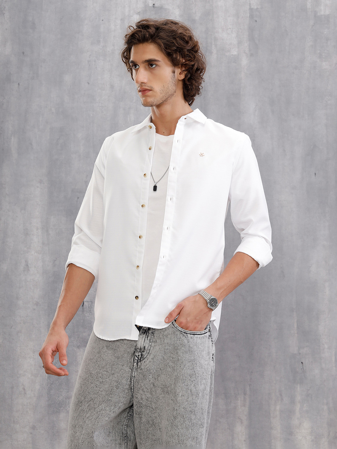 Image of WROGN Men Solid Casual White Shirt