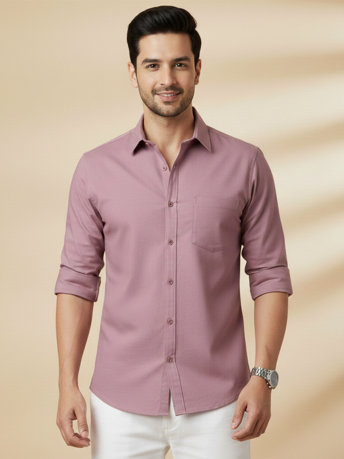 Image of METRONAUT Men Solid Casual Pink Shirt