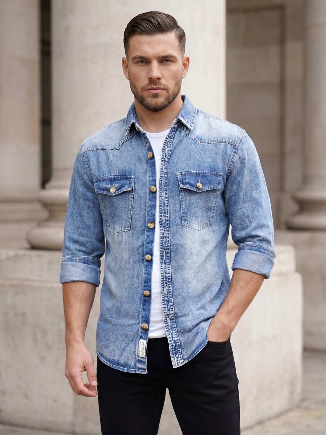 KUONS AVENUE Men Washed Casual Light Blue Shirt