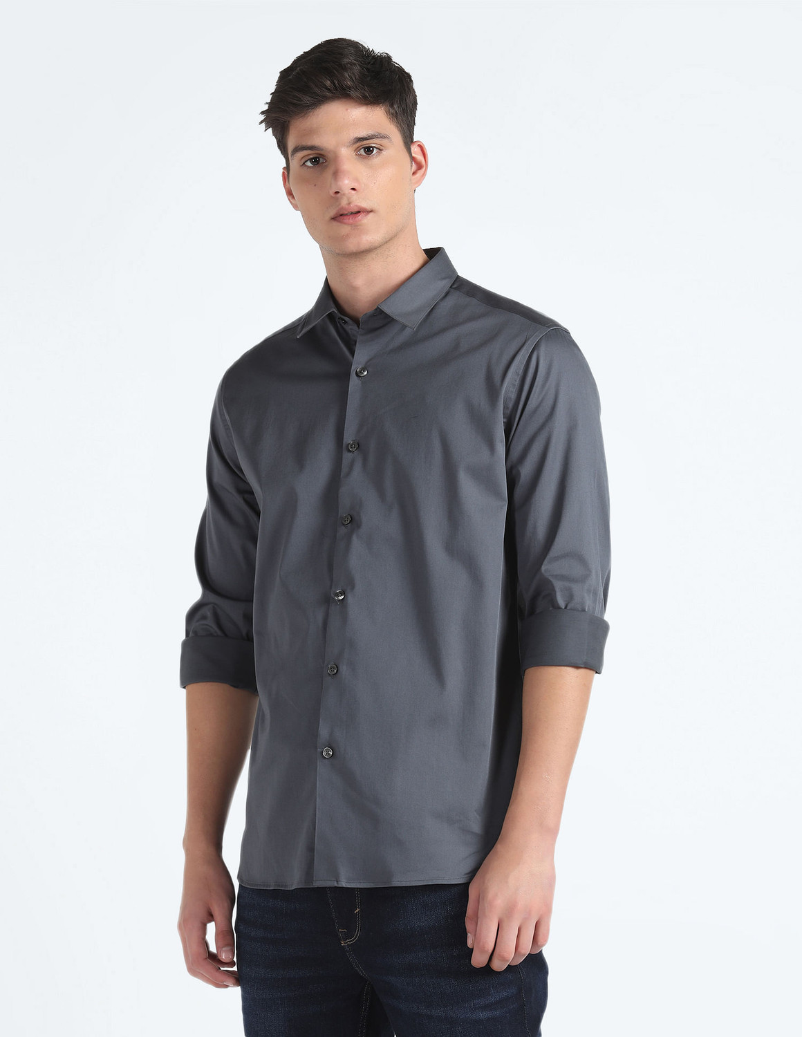 Image of FLYING MACHINE Men Self Design Casual Grey Shirt