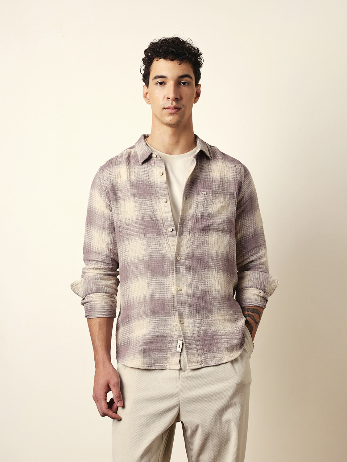 Image of THE BEAR HOUSE Men Checkered Casual Purple, White Shirt