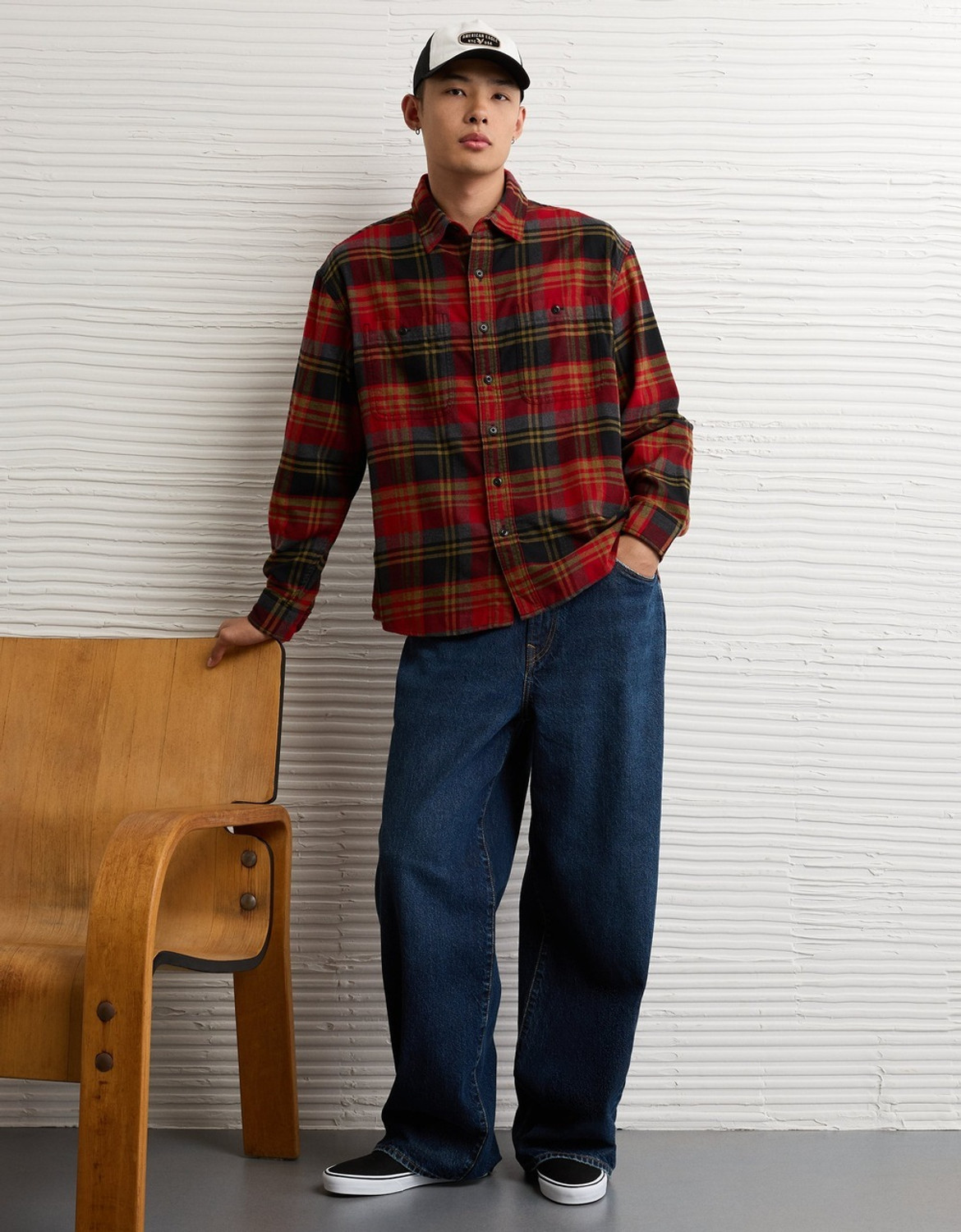 Image of American Eagle Men Checkered Casual Red Shirt