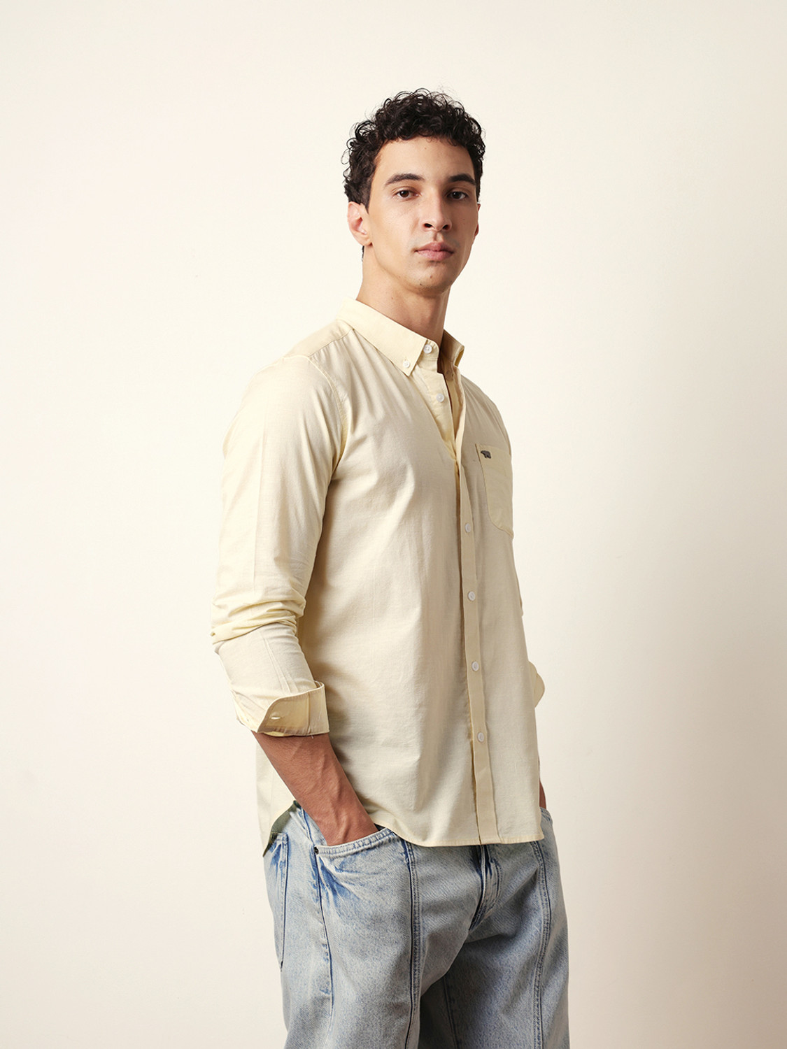 Image of THE BEAR HOUSE Men Solid Casual Yellow Shirt