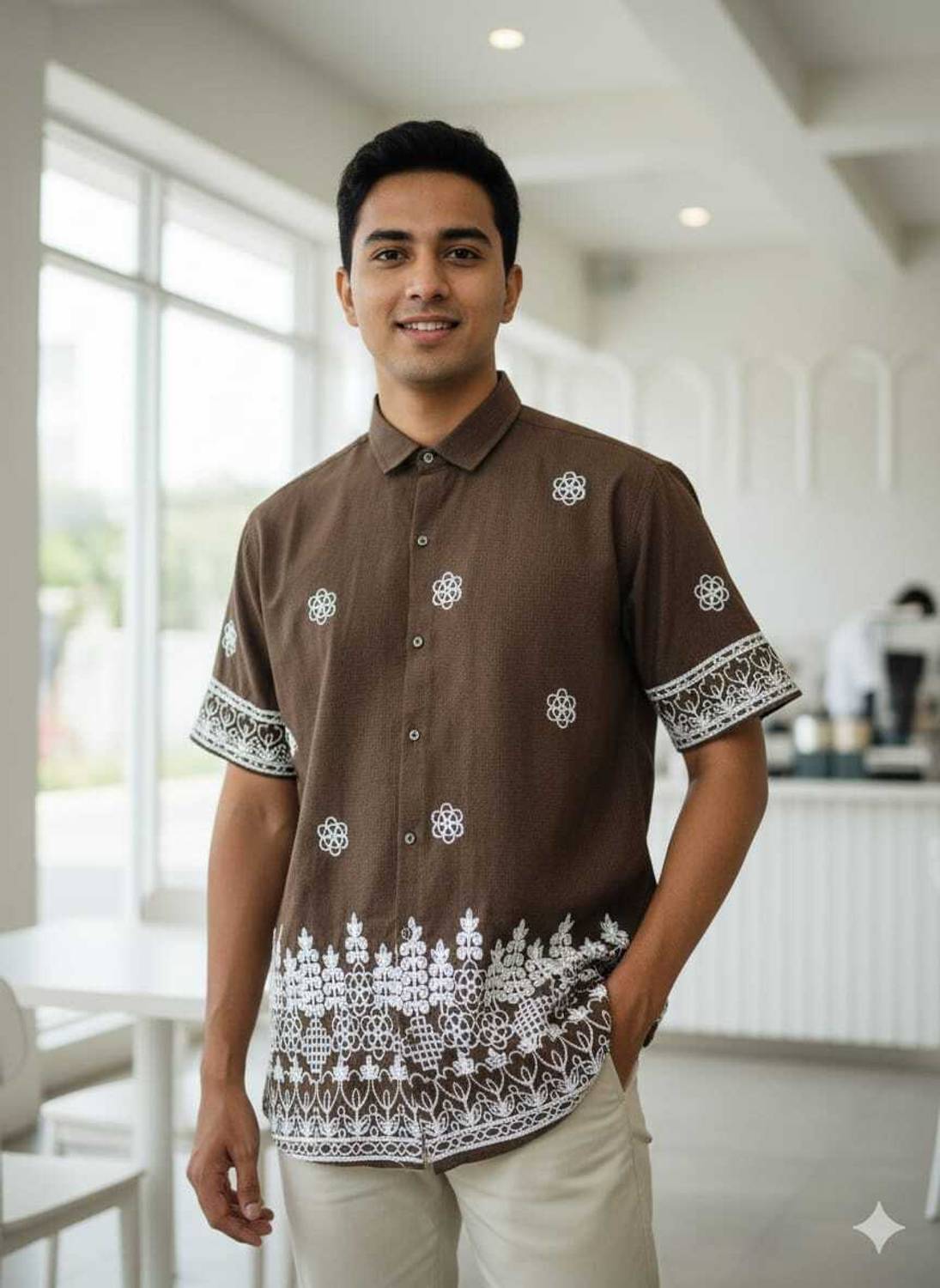 ELEANERMENS Men Embroidered Brown Shirt - Image 3