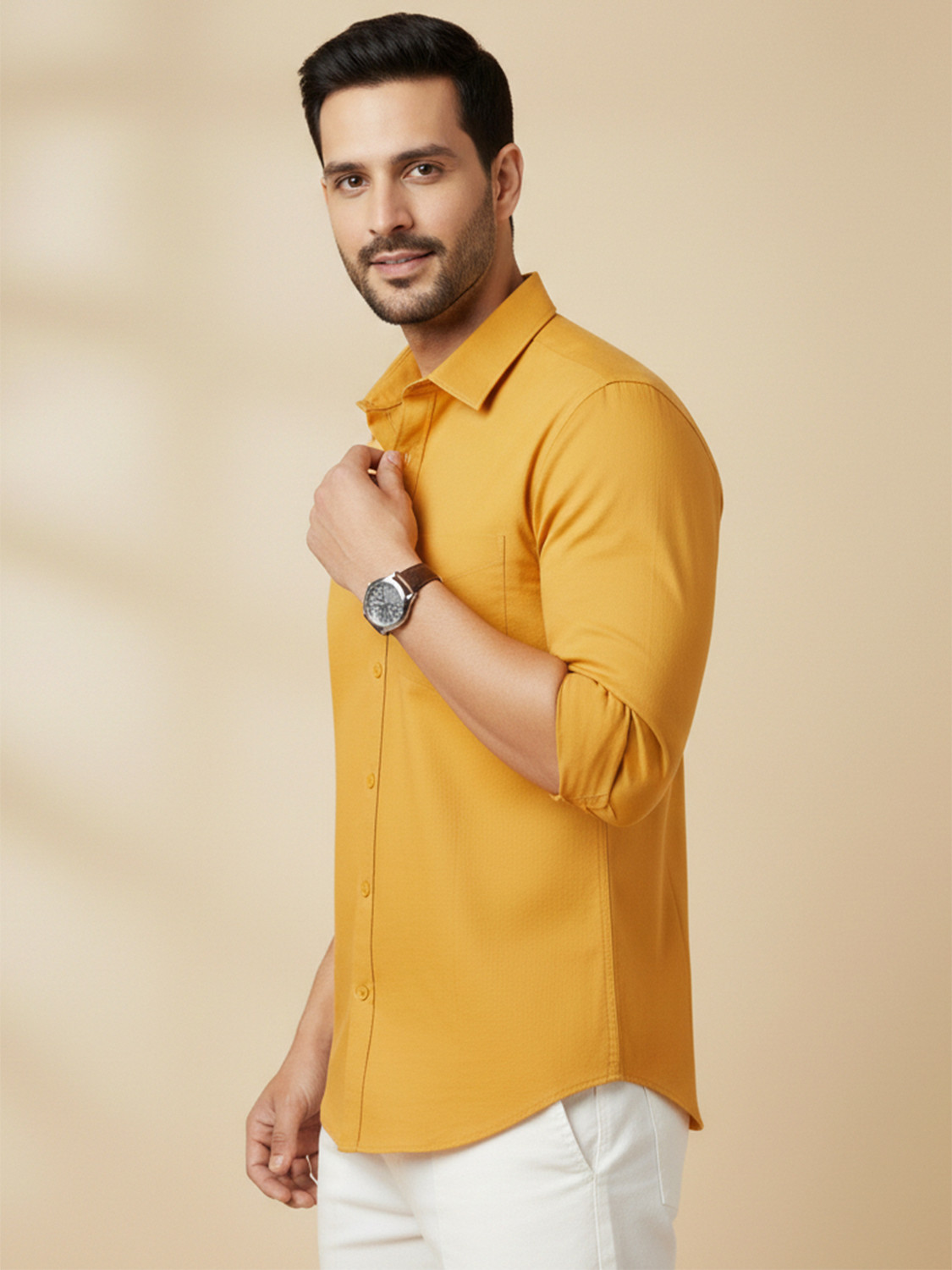Image of METRONAUT Men Solid Casual Yellow Shirt