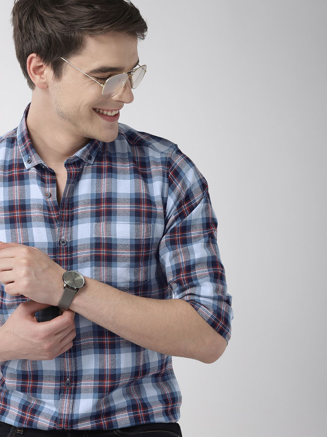 Image of Mast & Harbour Men Checkered Casual Blue Shirt