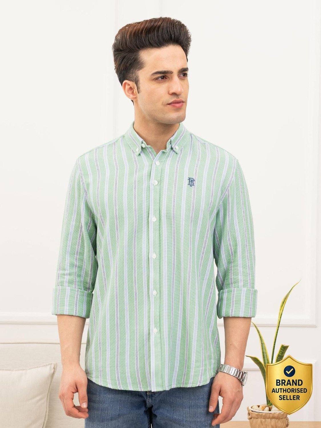 Image of RED TAPE Men Striped Casual Green Shirt