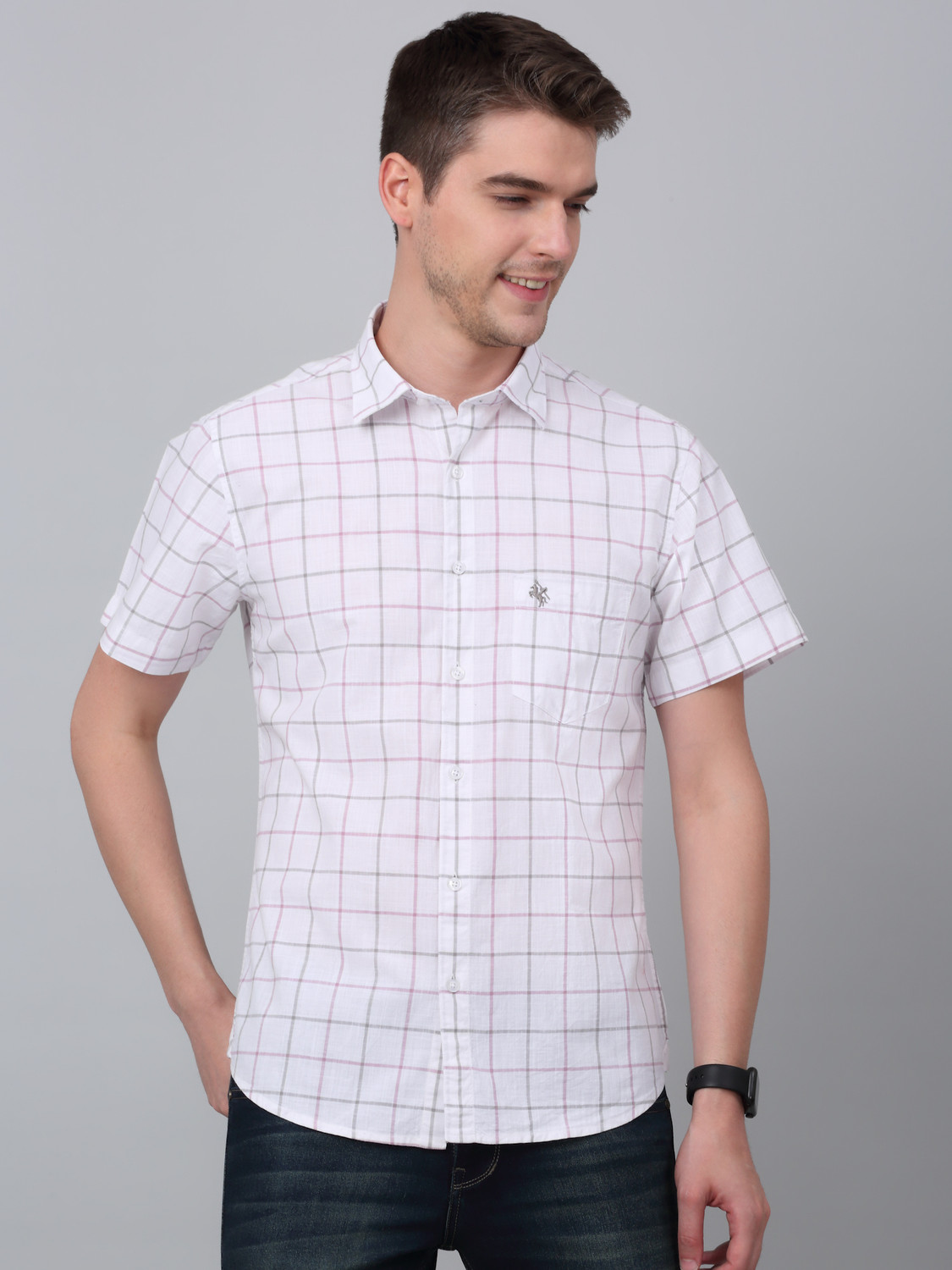 Image of CANTABIL Men Checkered Casual White Shirt