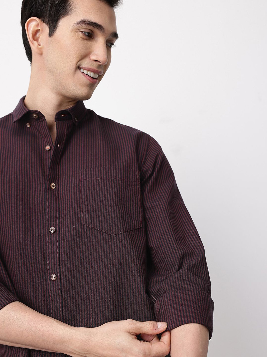 Image of Mast & Harbour Men Striped Casual Maroon Shirt