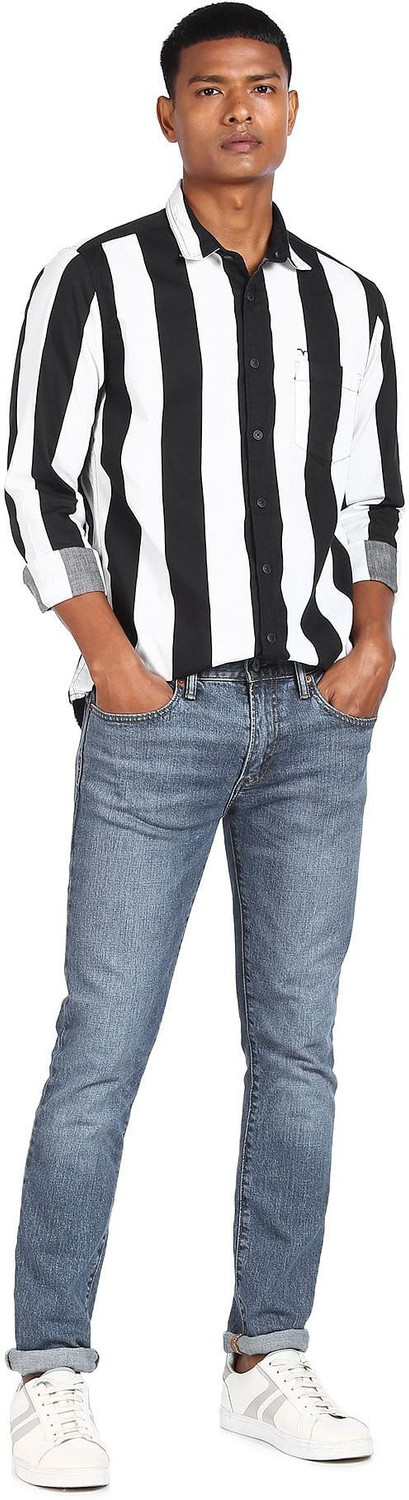 Image of FLYING MACHINE Men Striped Casual Black Shirt