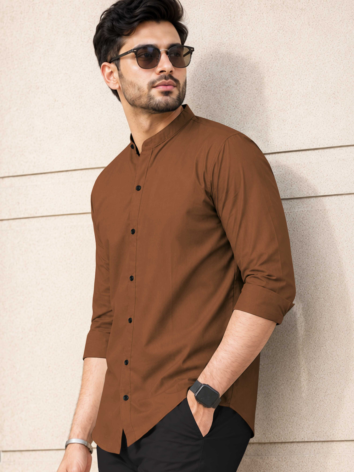 Image of VeBNoR Men Solid Casual Brown Shirt