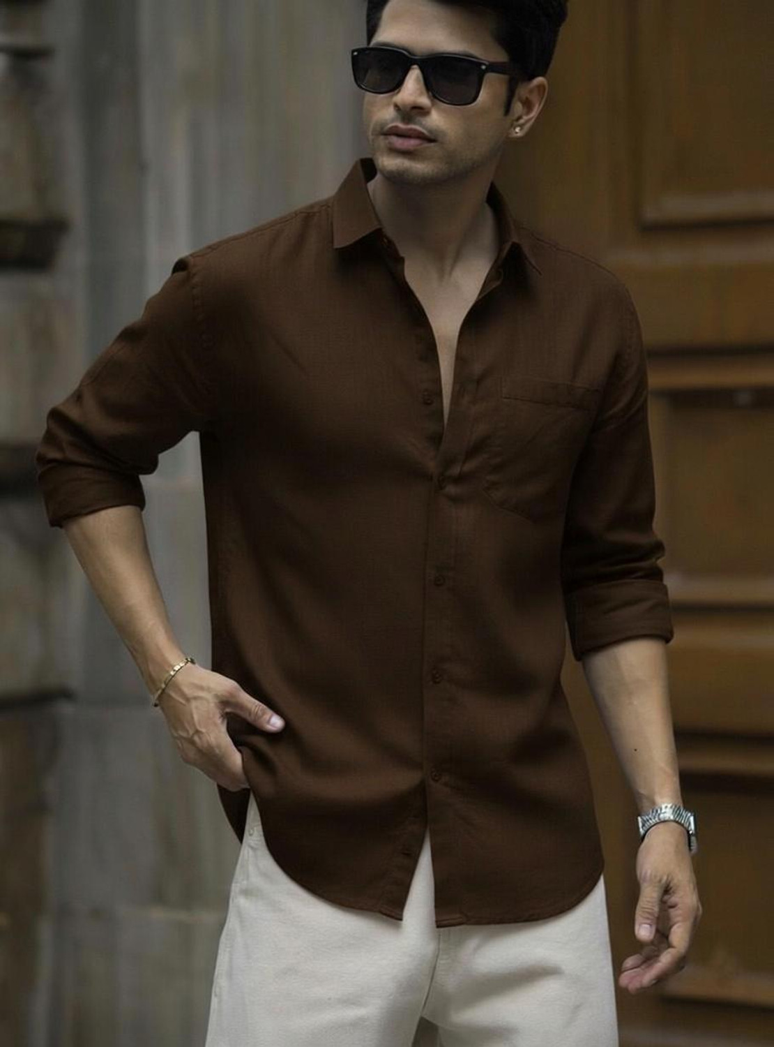 Image of Zonly Men Solid Casual Brown, Blue, Green, Cream Shirt