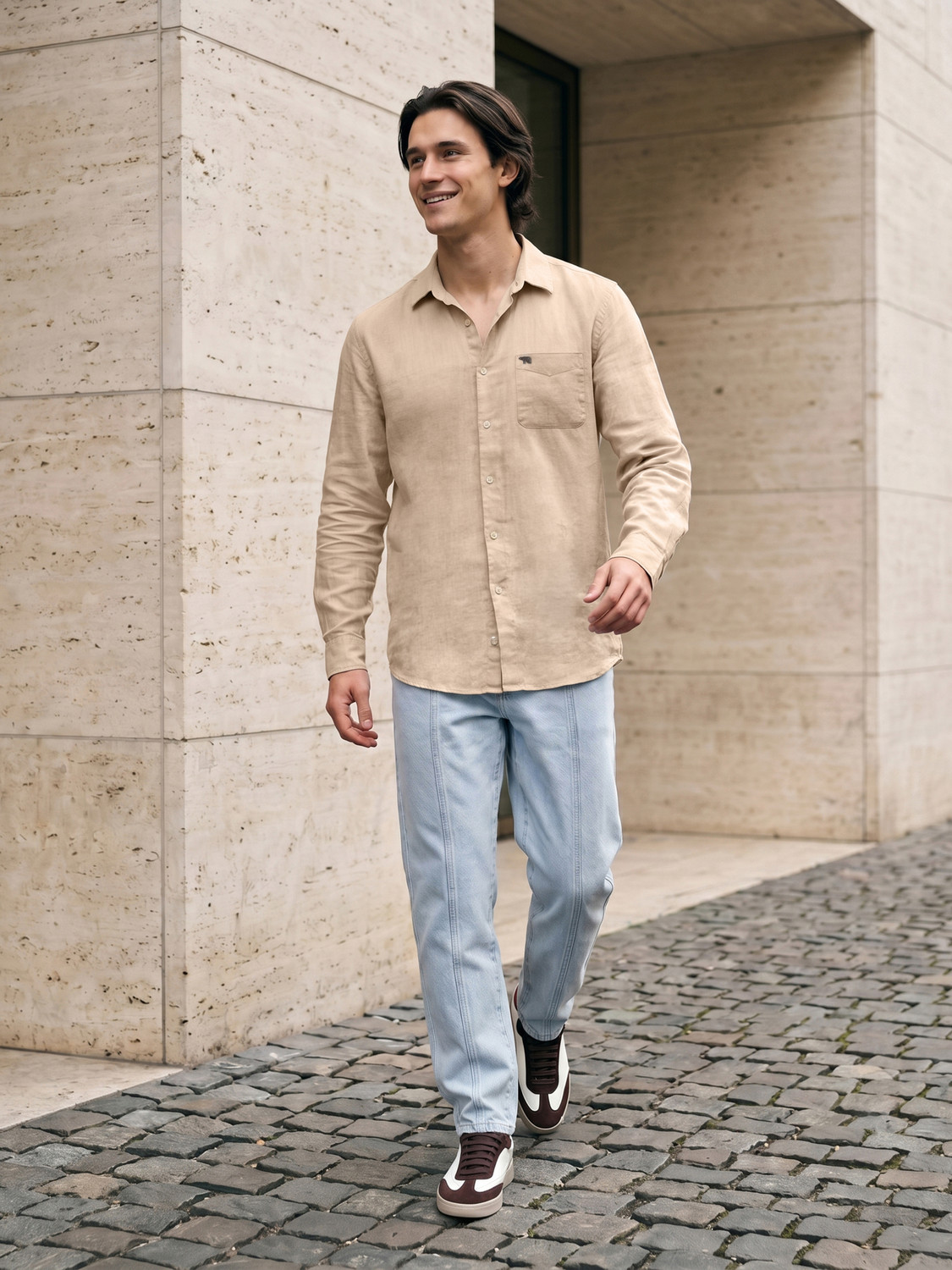 Image of THE BEAR HOUSE Men Solid Casual Khaki Shirt