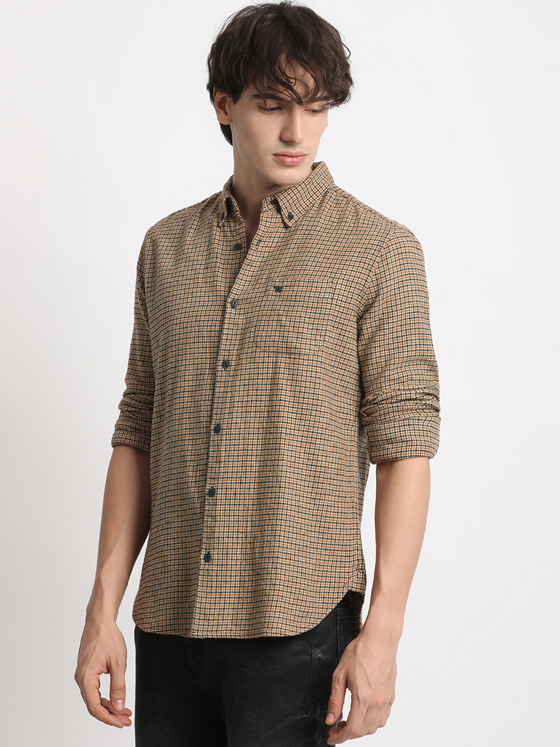 Image of THE BEAR HOUSE Men Checkered Casual Yellow Shirt