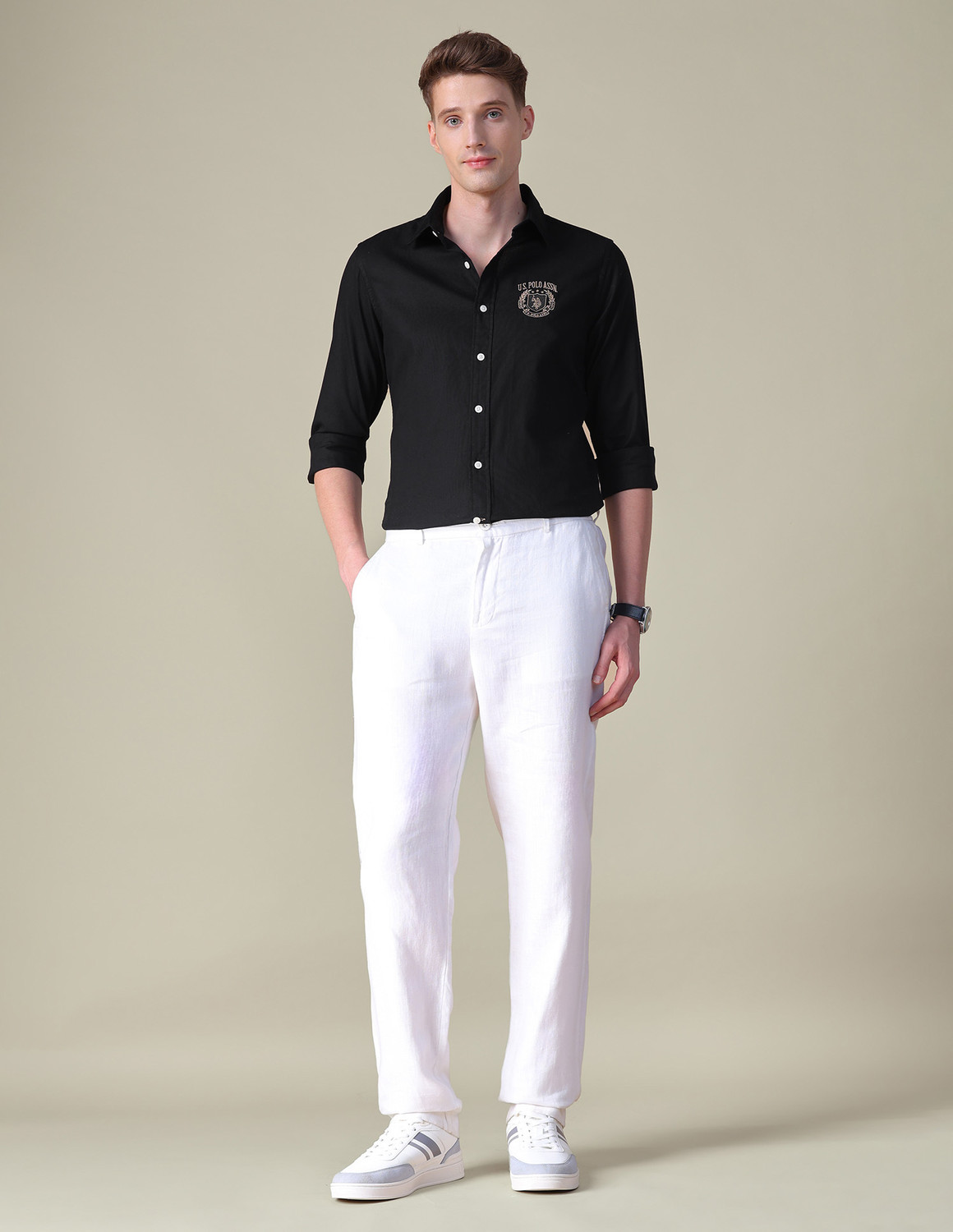 Image of U.S. POLO ASSN. Men Tailored Fit Self Design Spread Collar Casual Shirt