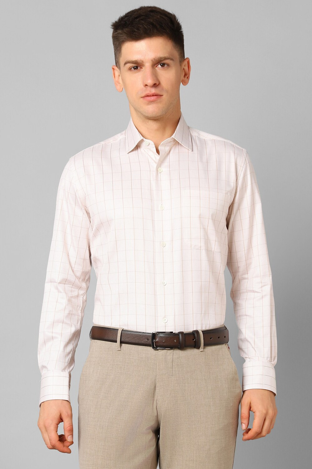 Image of LOUIS PHILIPPE Men Checkered Formal White, Brown Shirt
