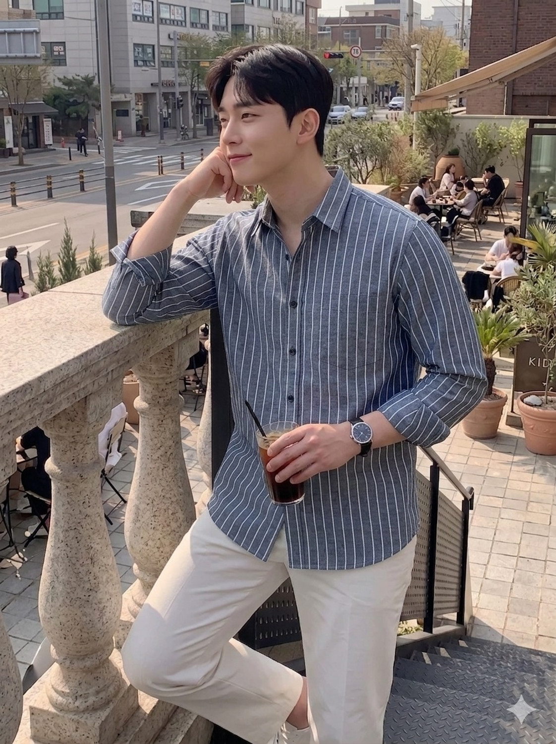 Image of QUINTON Men Striped Casual Dark Blue Shirt