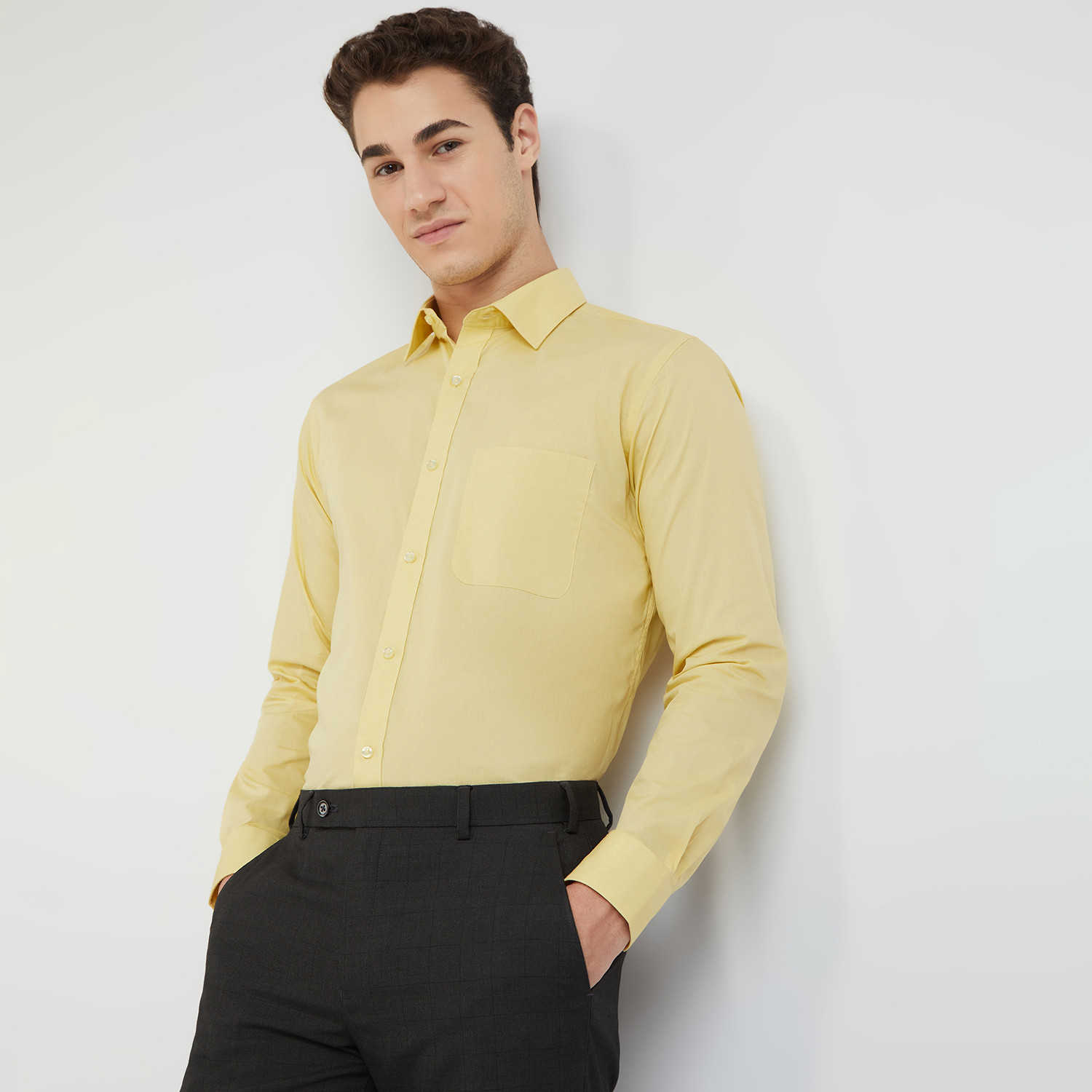 Image of Raymond Men Solid Formal Yellow Shirt
