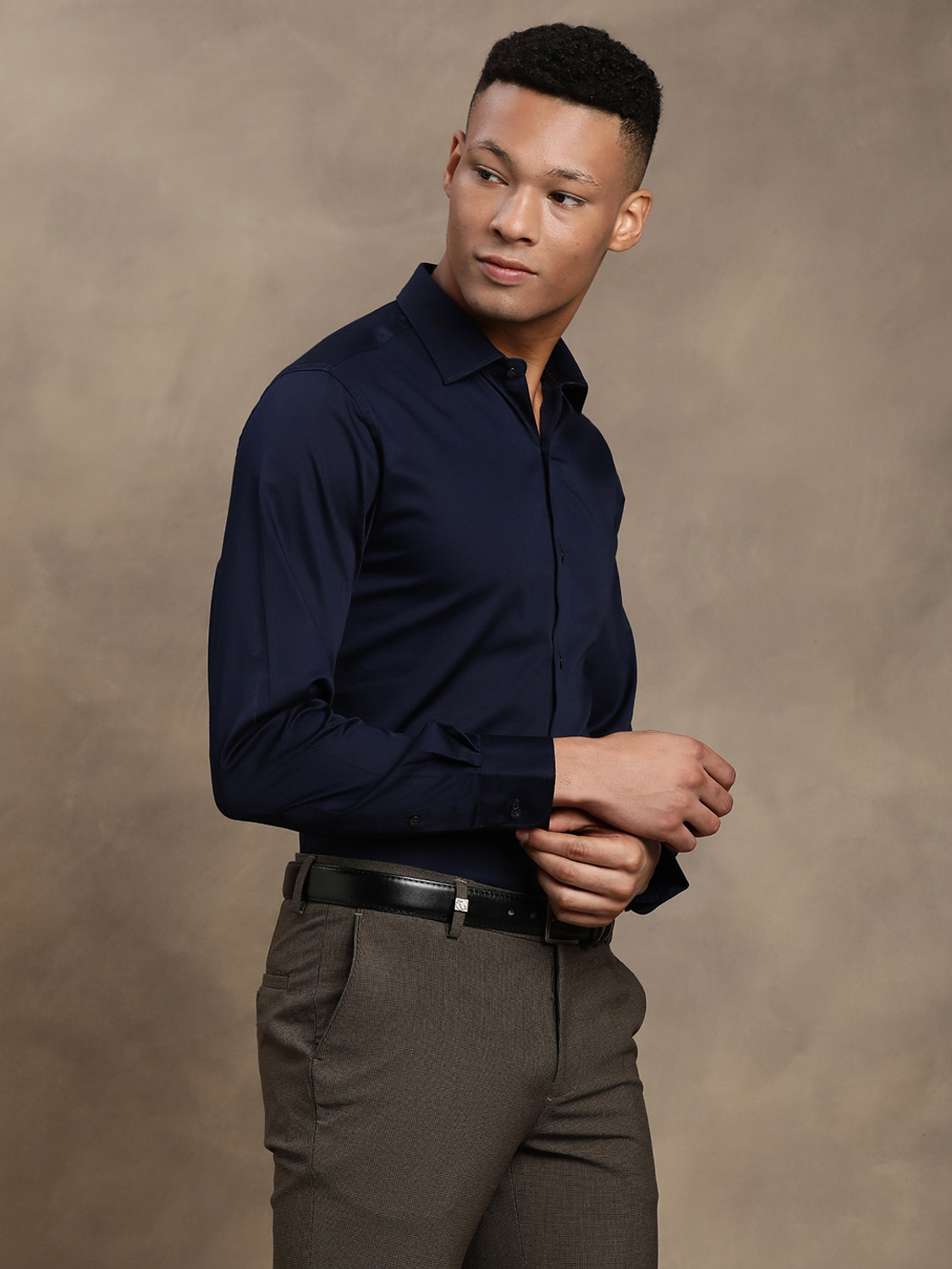 Image of TURTLE Men Solid Formal Dark Blue Shirt