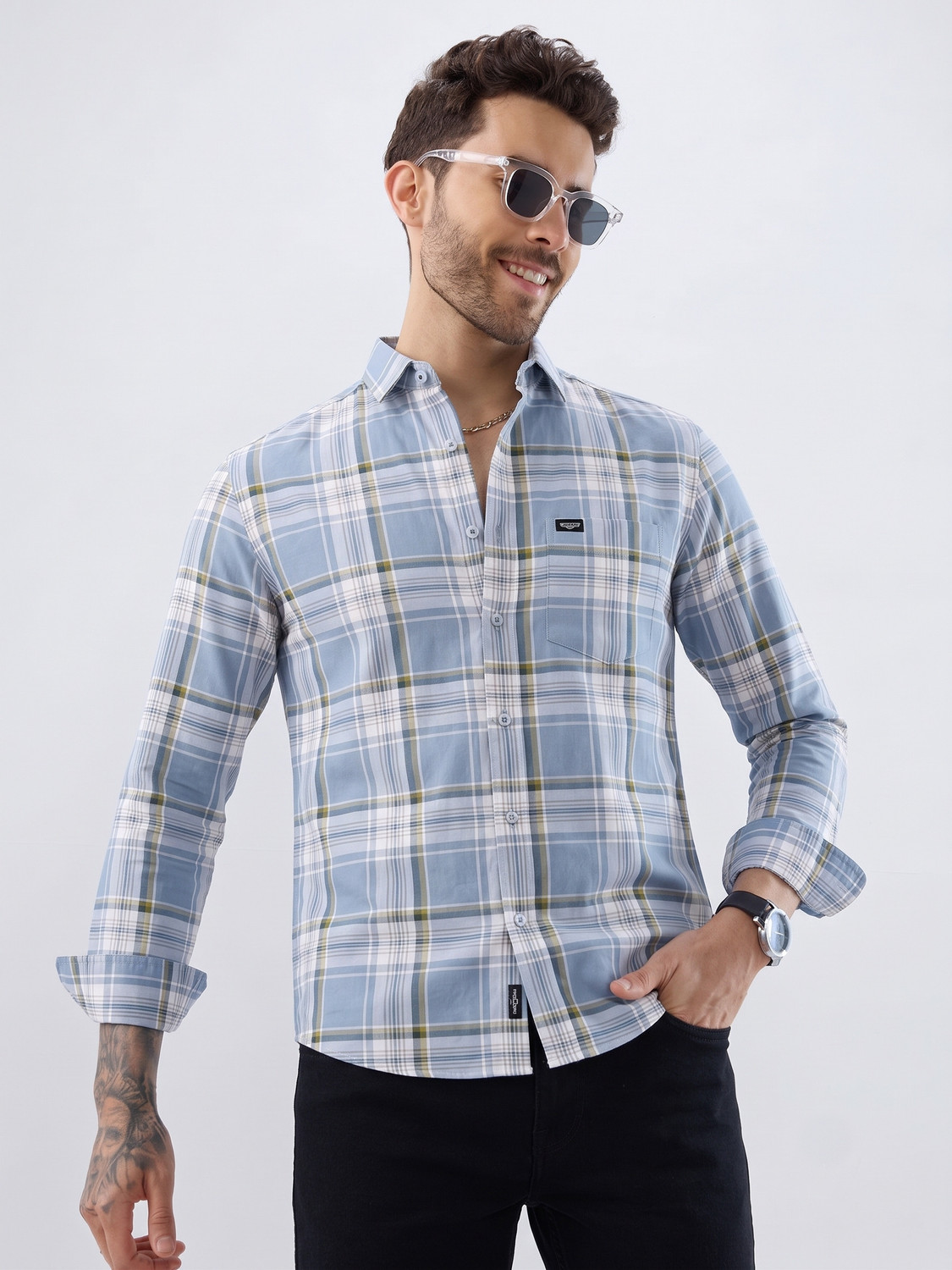 METRONAUT Men Checkered Casual Light Blue Shirt