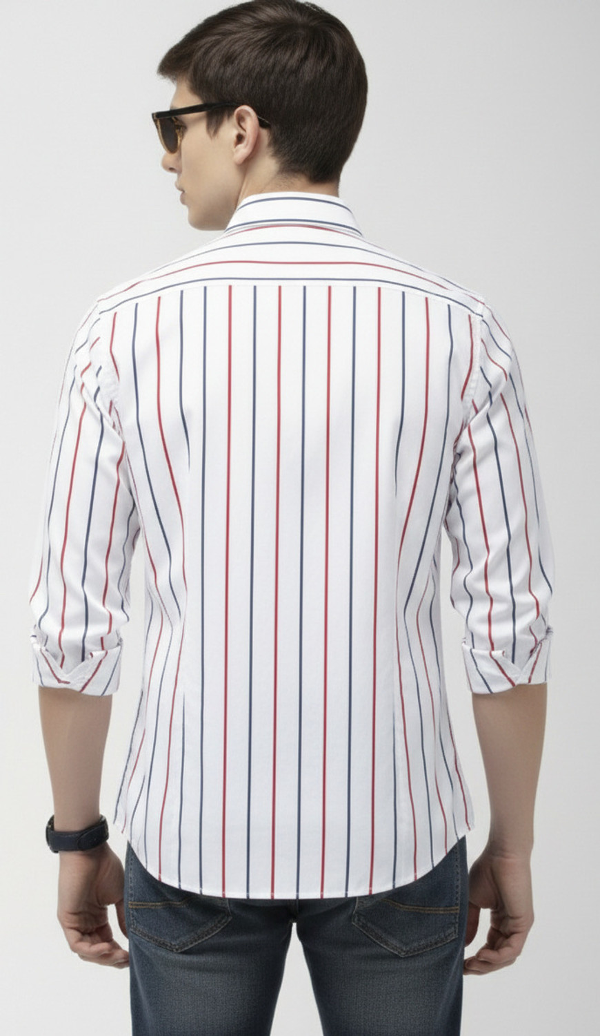Image of Hems trends Men Striped Casual White Shirt