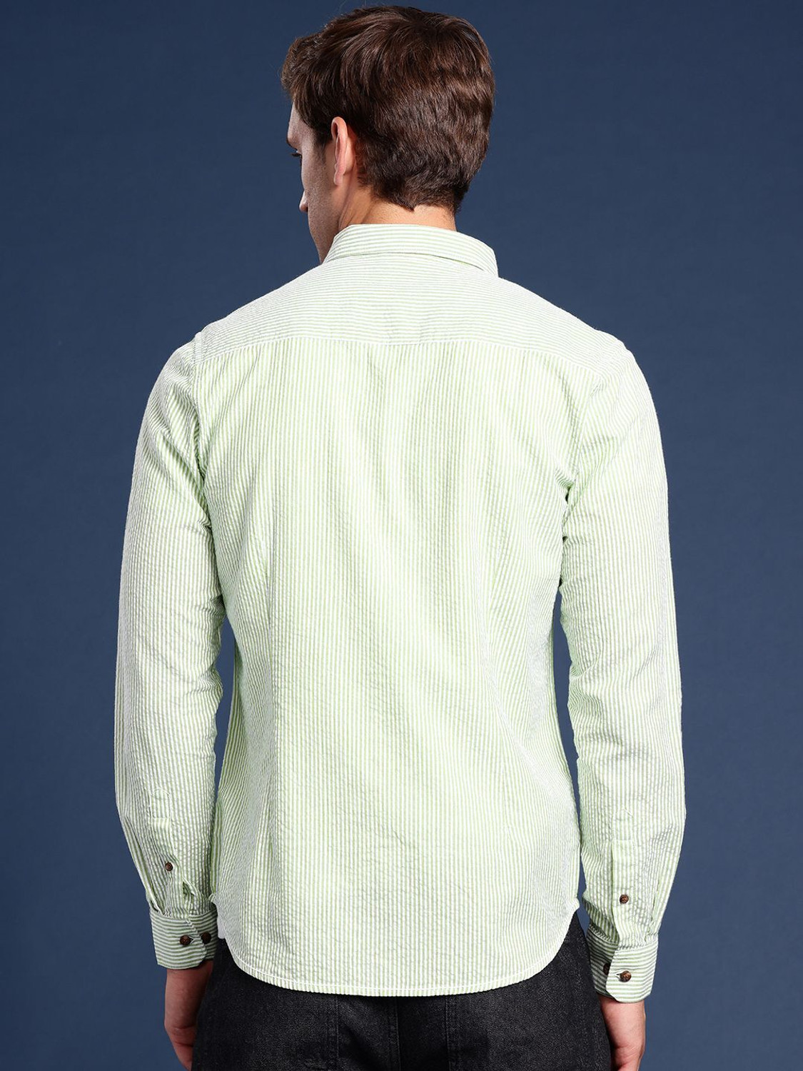 Image of Mast & Harbour Men Striped Casual Green Shirt