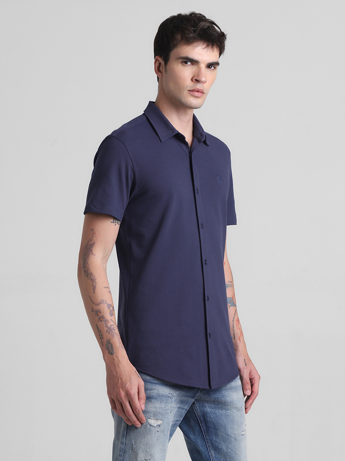 Image of JACK & JONES Men Solid Casual Dark Blue Shirt