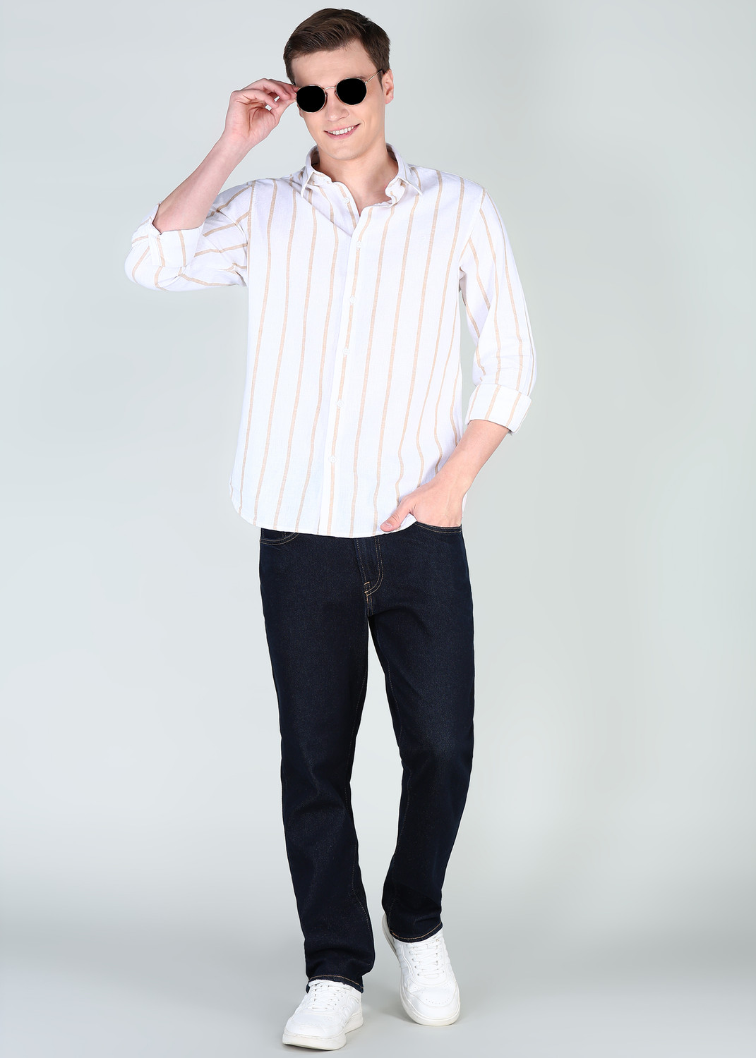 Image of INDIAN TERRAIN Men Striped Casual Beige Shirt