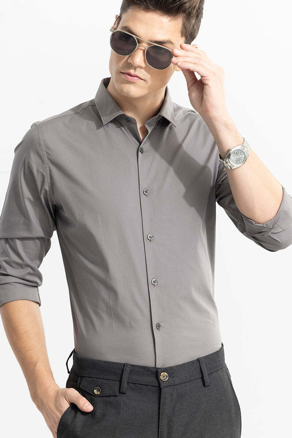 Image of Snitch Men Solid Casual Grey Shirt