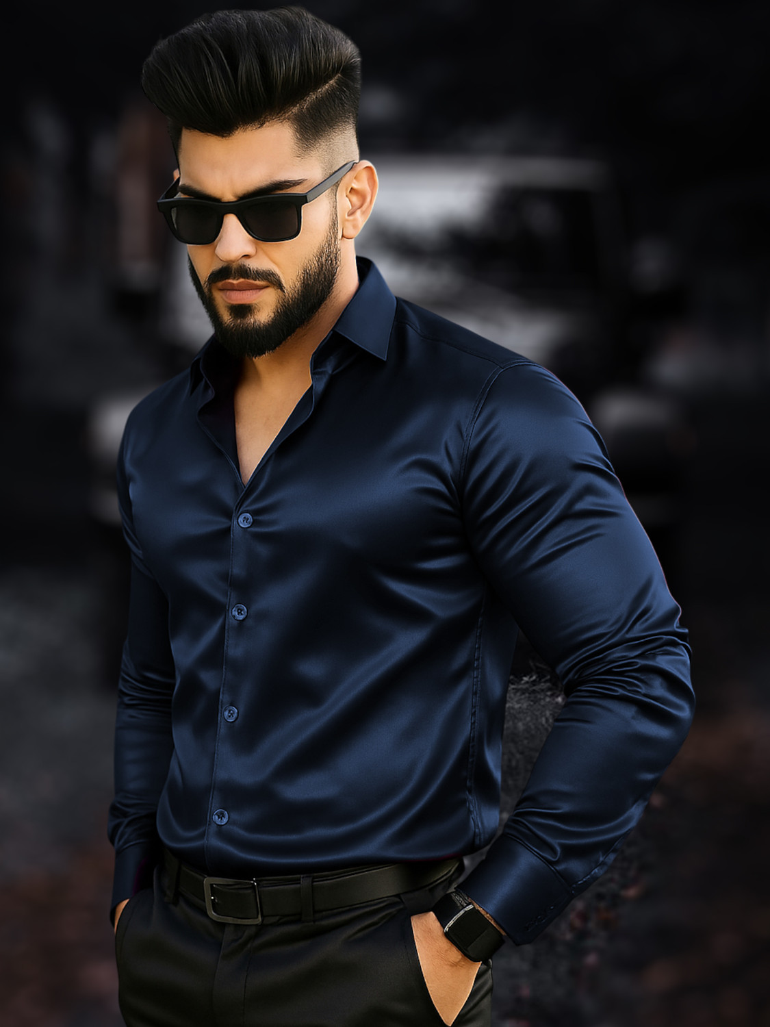 Image of SOLSTICE Men Solid Casual Dark Blue Shirt