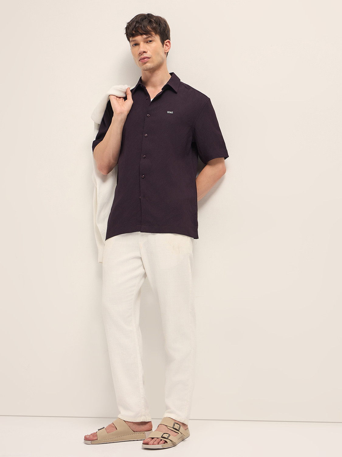 Image of THE BEAR HOUSE Men Self Design Casual Maroon Shirt