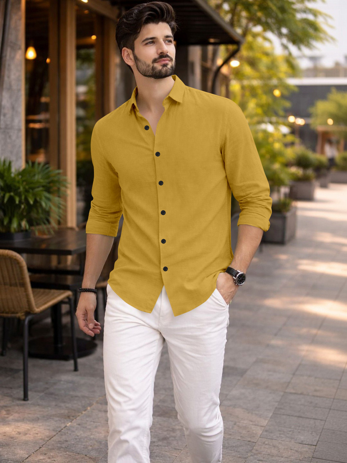 Image of Mameru Men Regular Fit Solid Spread Collar Casual Shirt