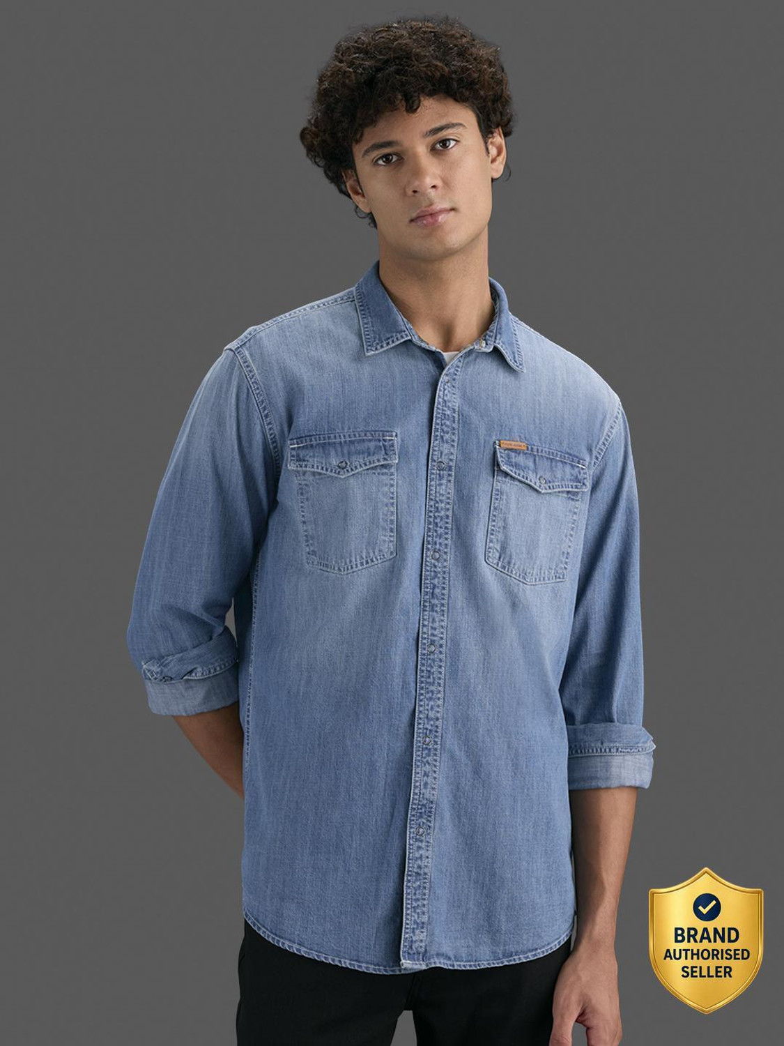 Image of Pepe Jeans Men Solid Casual Blue Shirt