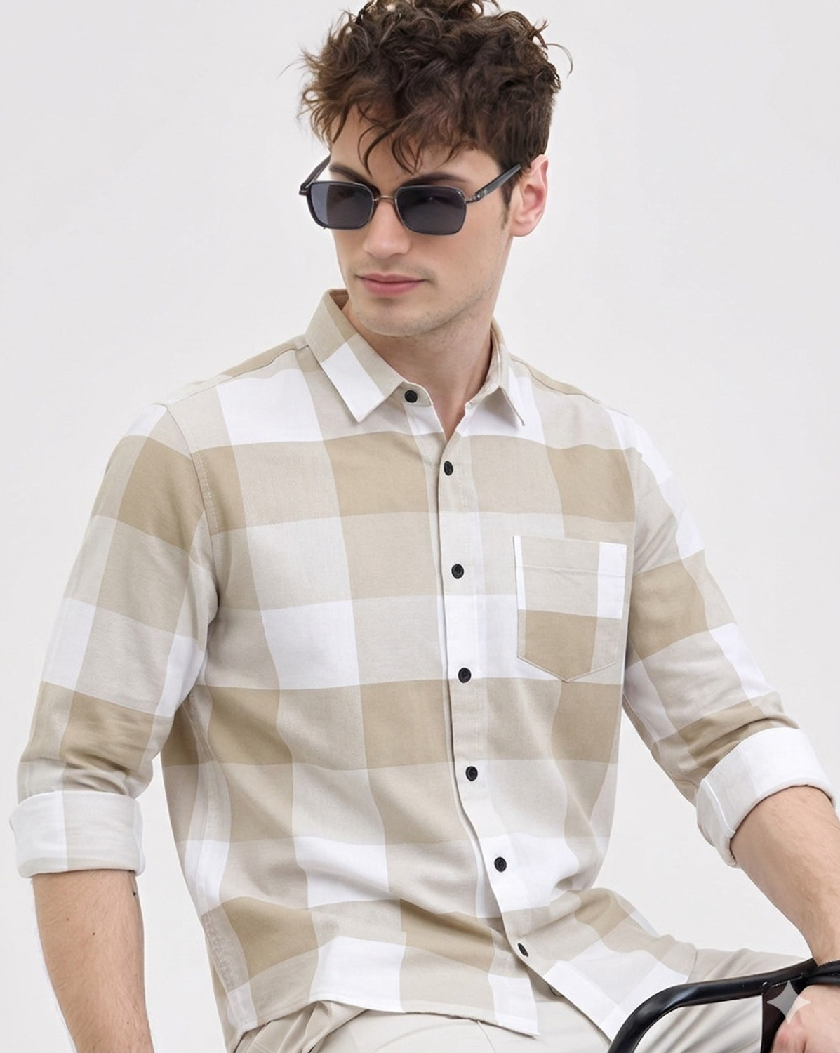Image of DM FASHION Men Checkered Casual Beige, White Shirt