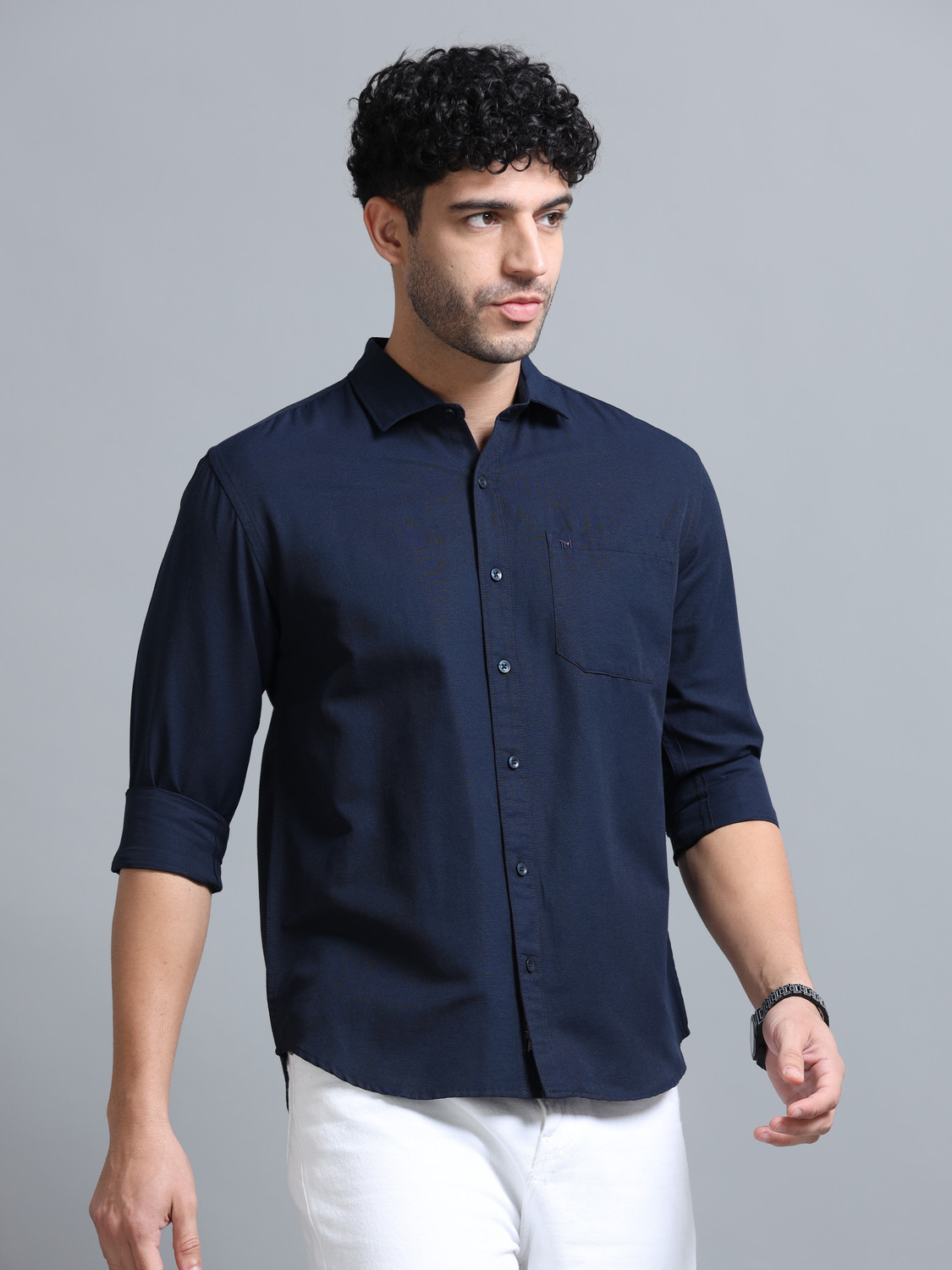 Image of Tom Mackler Men Solid Casual Dark Blue Shirt