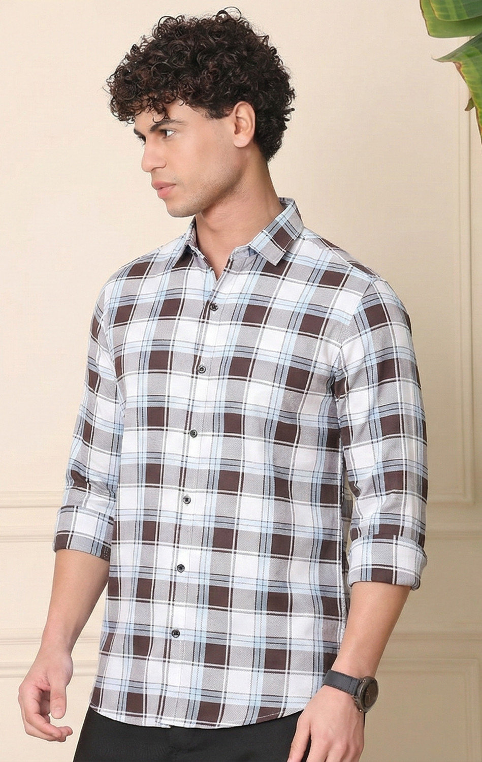 Image of METRONAUT Men Checkered Casual Brown, White Shirt