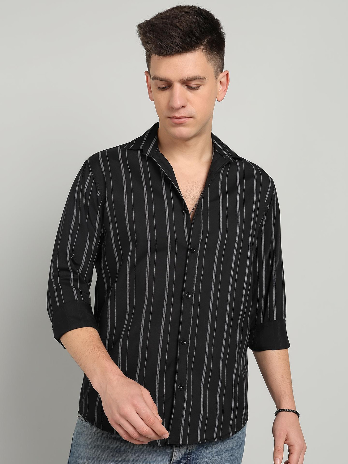 RODEIZ Men Striped Casual Black Shirt