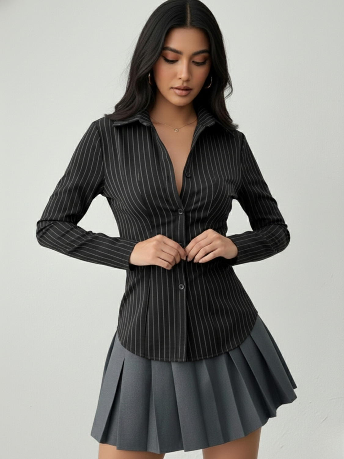 Image of Aahwan Women Striped Casual Black Shirt