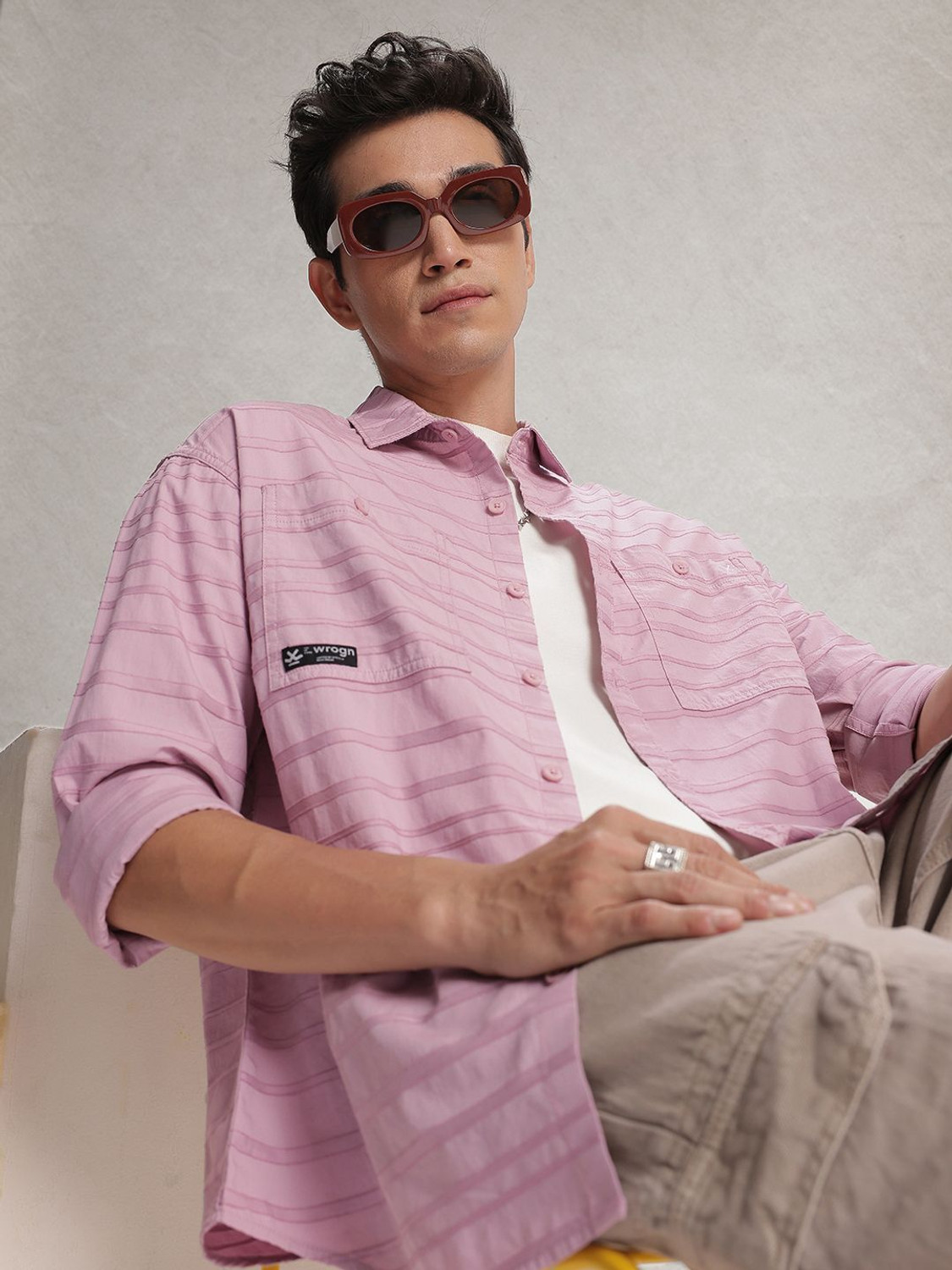 Image of WROGN Men Self Design Casual Pink Shirt