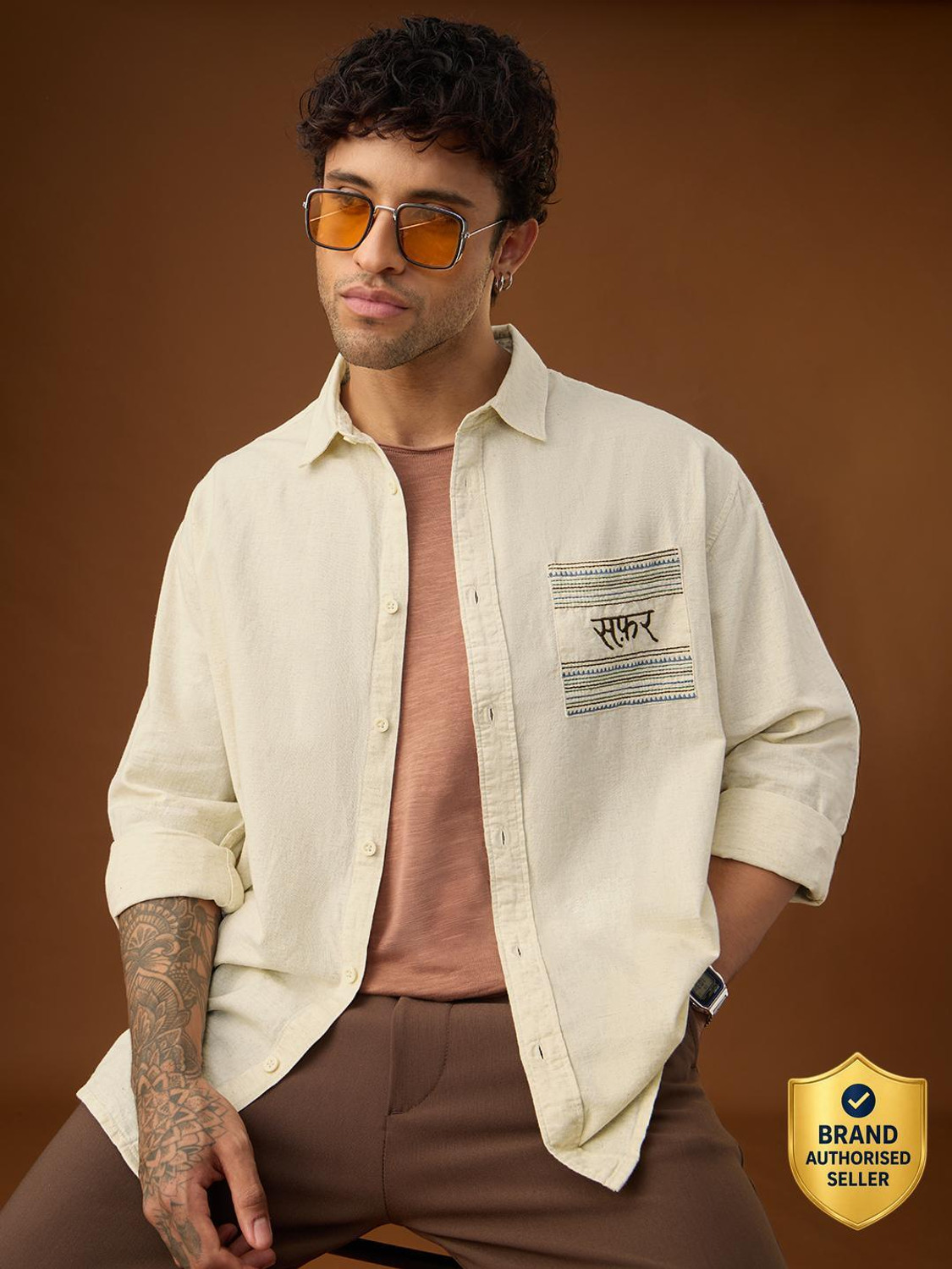 Image of The Souled Store Men Solid Casual White, Beige Shirt