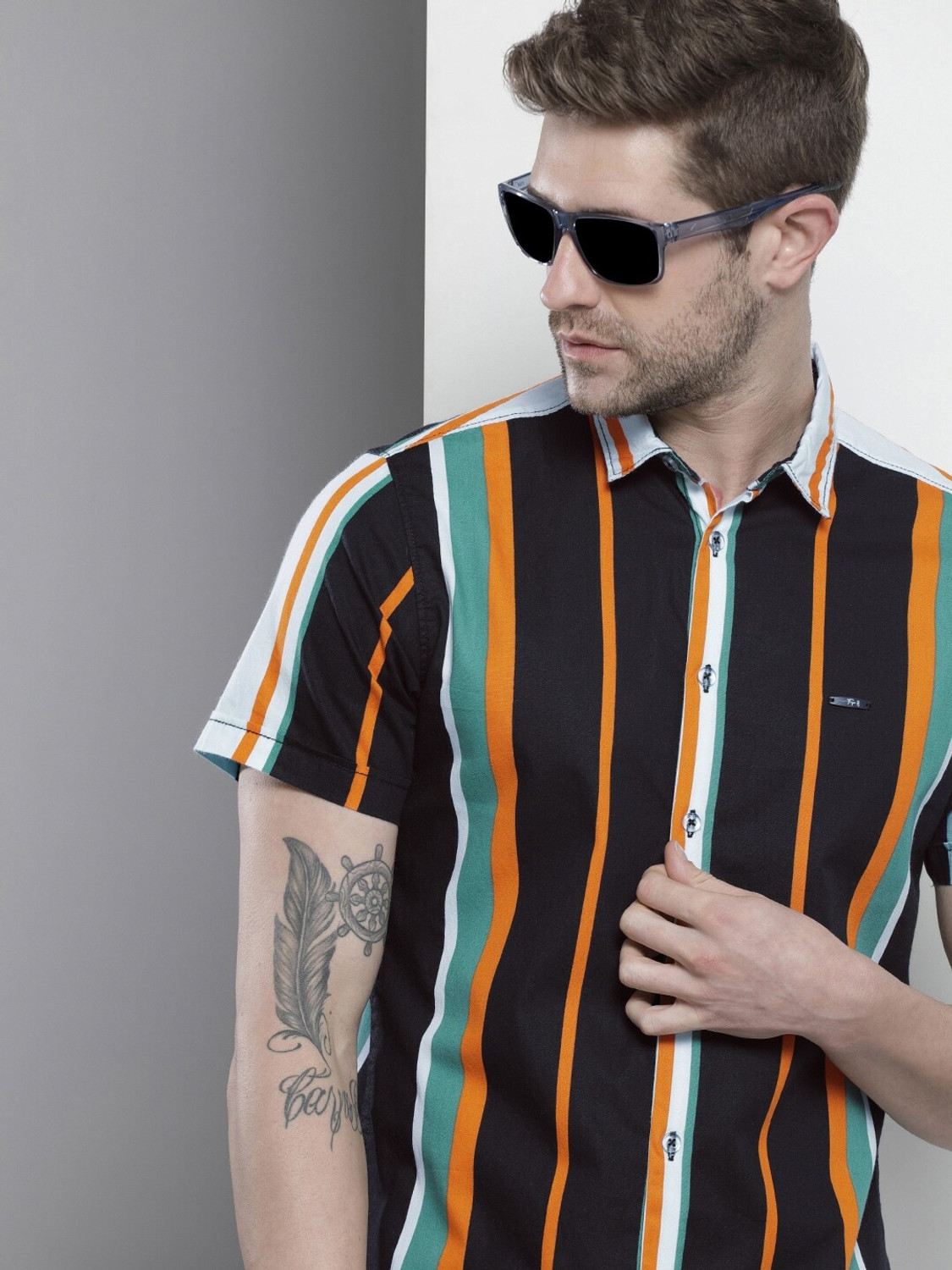 Image of The Indian Garage Co. Men Striped Beach Wear Black Shirt